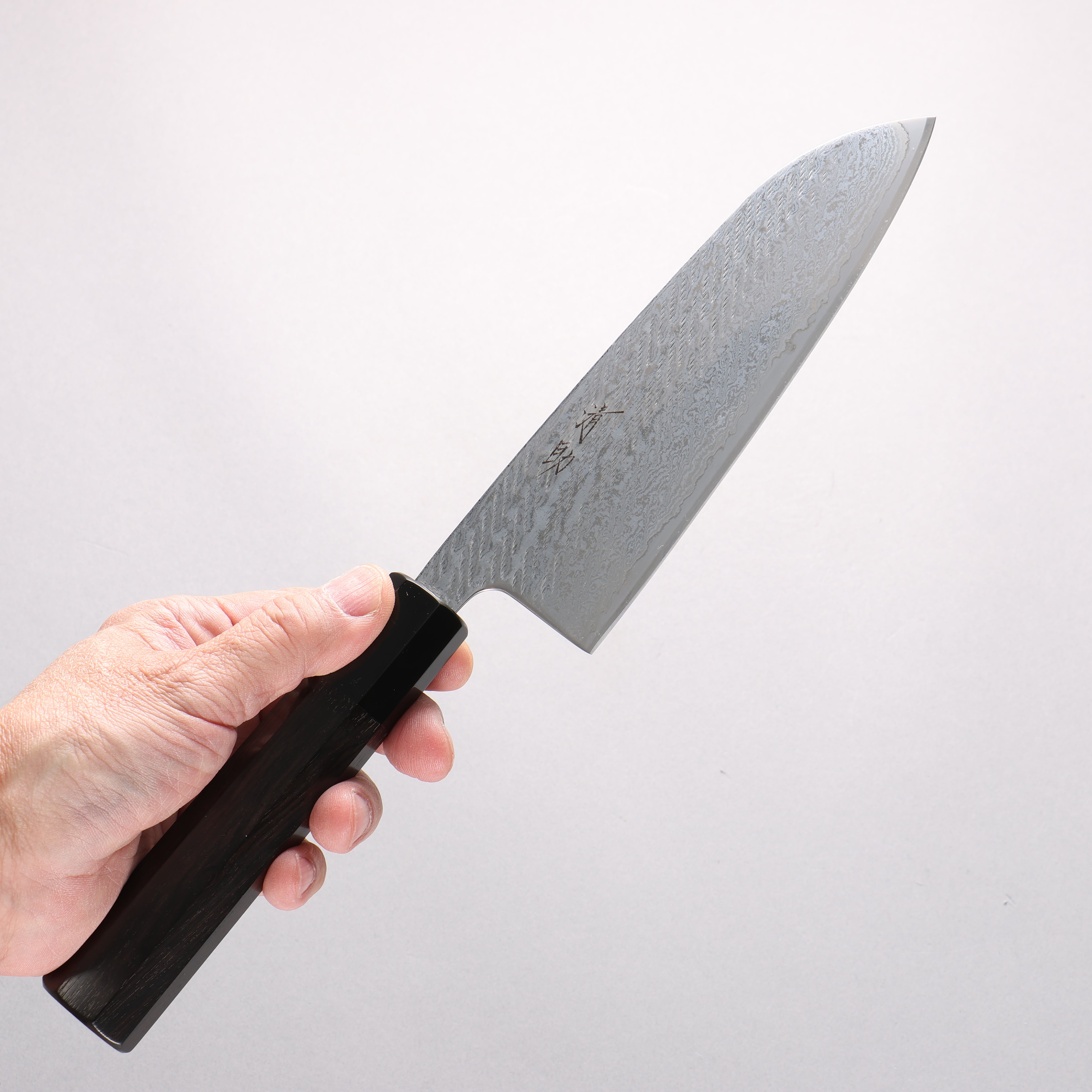 Seisuke Silver Steel No.3 Hammered Damascus Rope Pattern Santoku 170mm Ebony Wood (ferrule: Black Water Buffalo Horn) Handle - Seisuke Knife