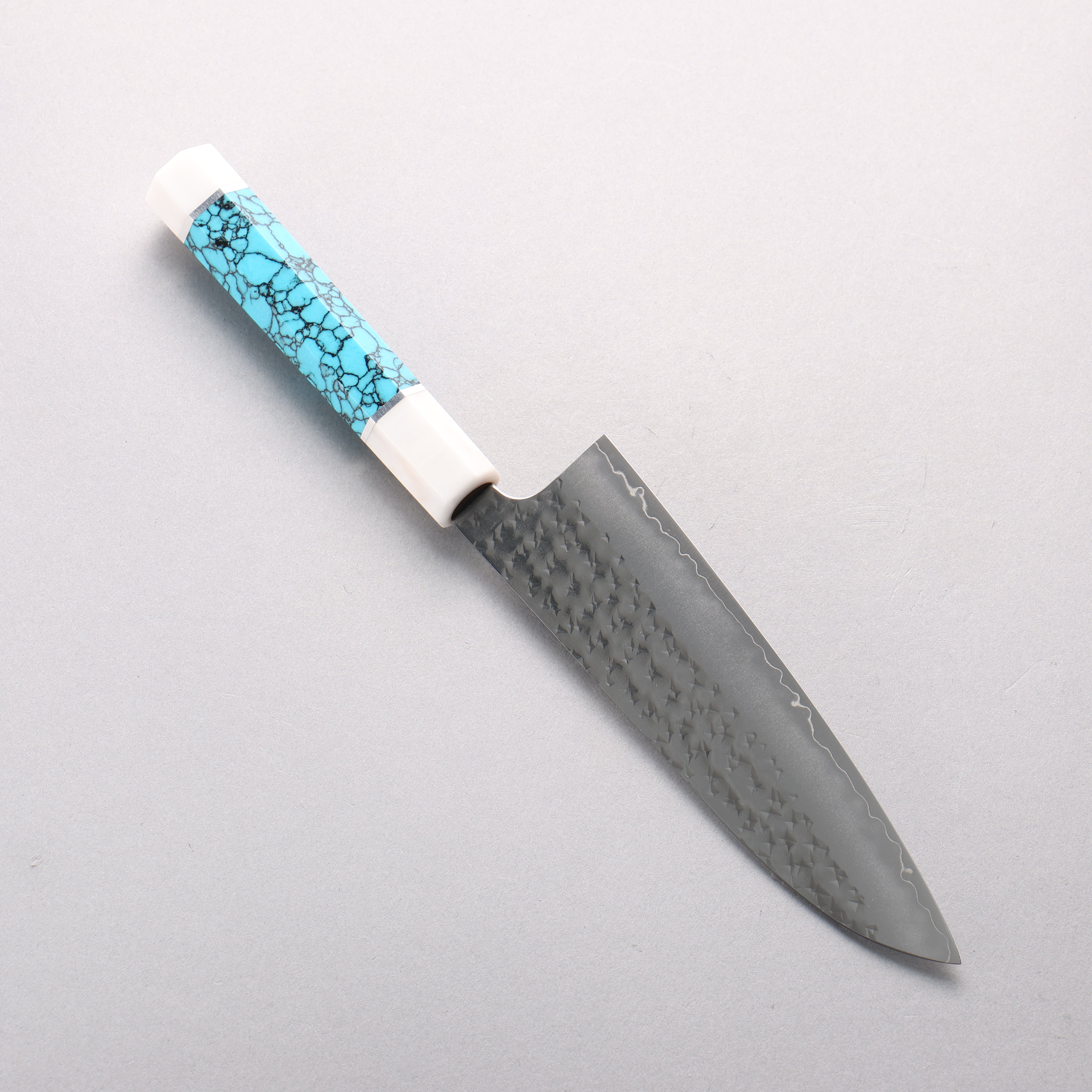 Yu Kurosaki Senko Ryu SG2 Hammered Small Santoku 150mm Turquoise & Double White Ring Handle - Seisuke Knife