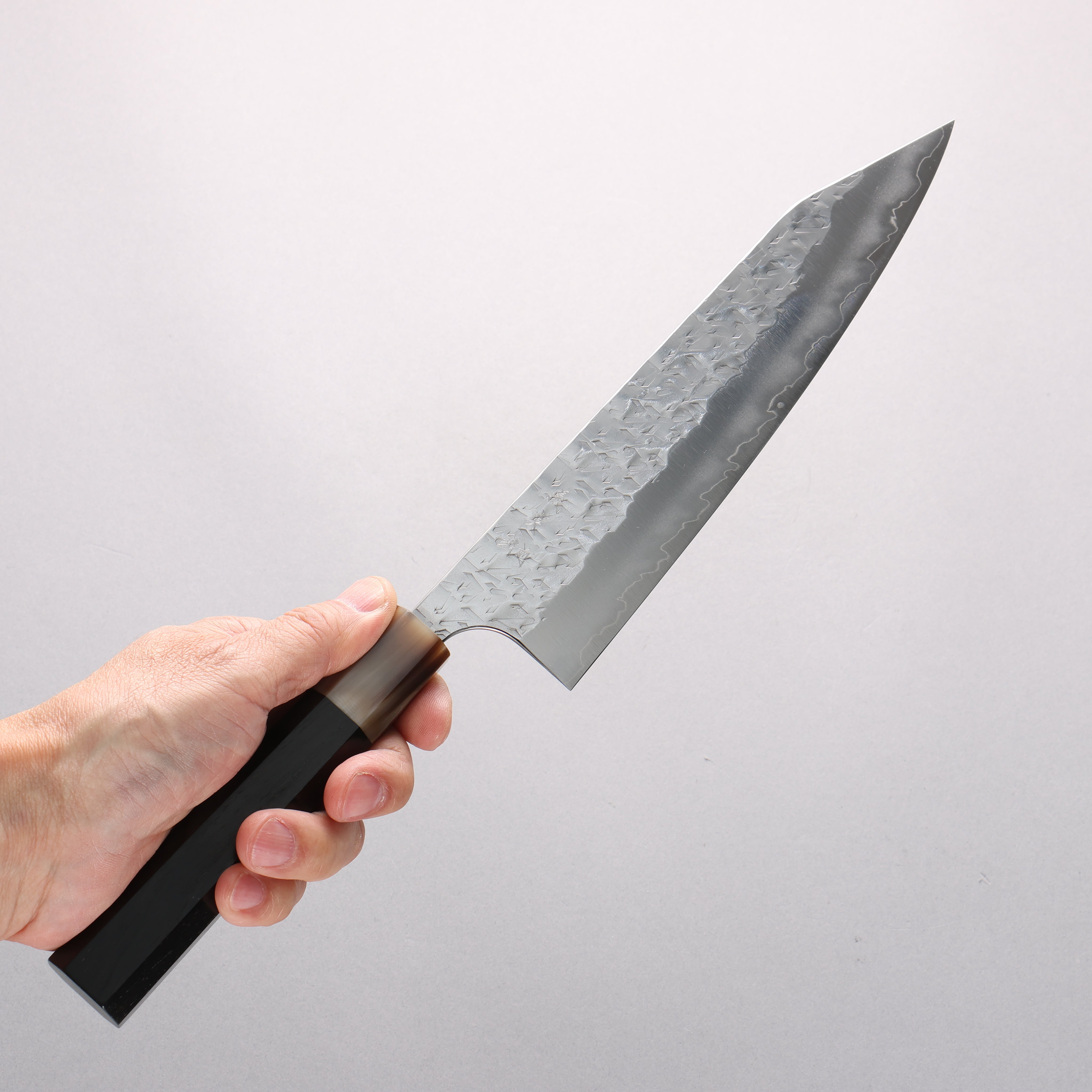 Yoshimi Kato Hyo SG2 Hammered Kiritsuke Gyuto 210mm Ebony Wood & White Horn Handle - Seisuke Knife