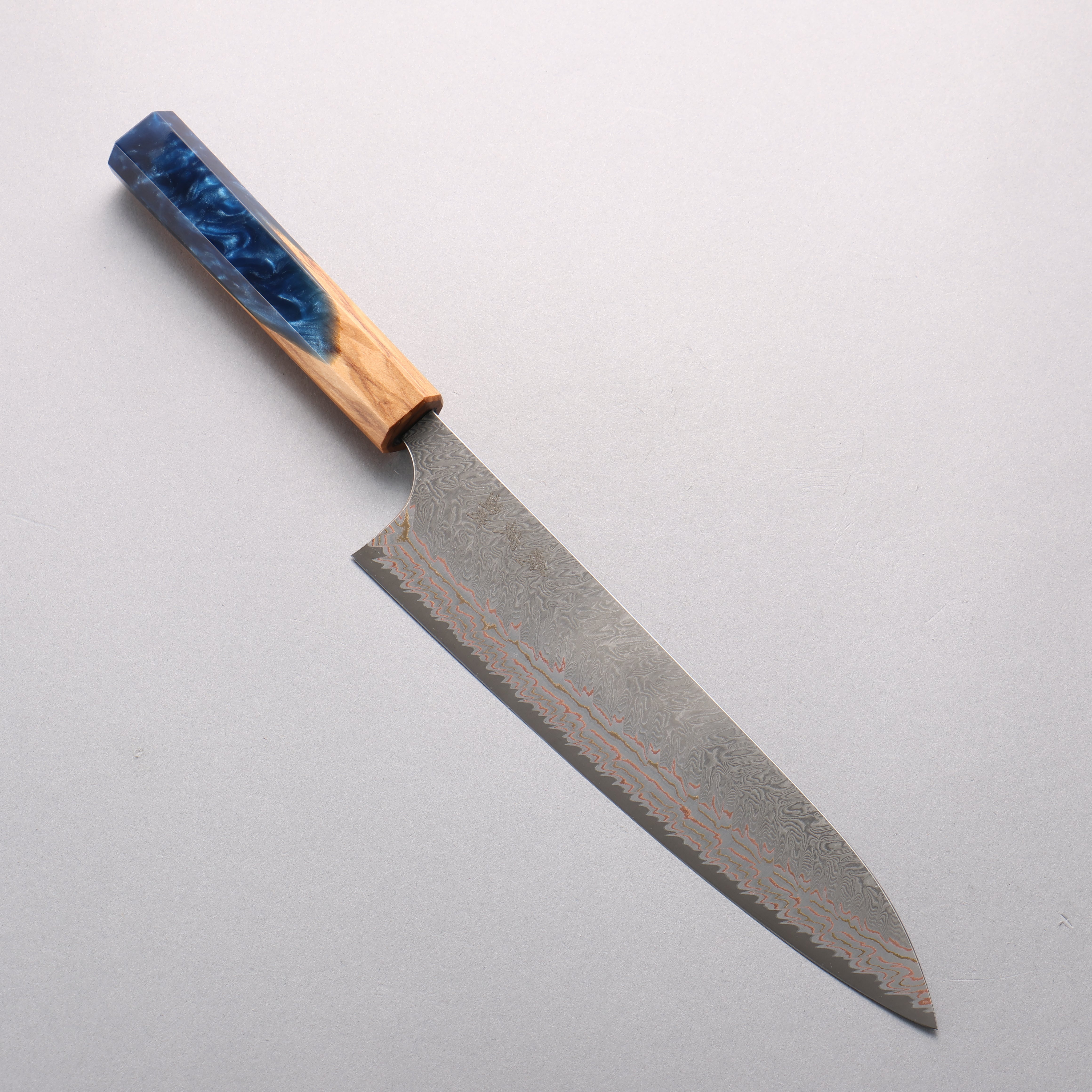 Yoshimi Kato VG10w Colored Damascus Gyuto 210mm Olive Wood & Blue Resin Handle - Seisuke Knife