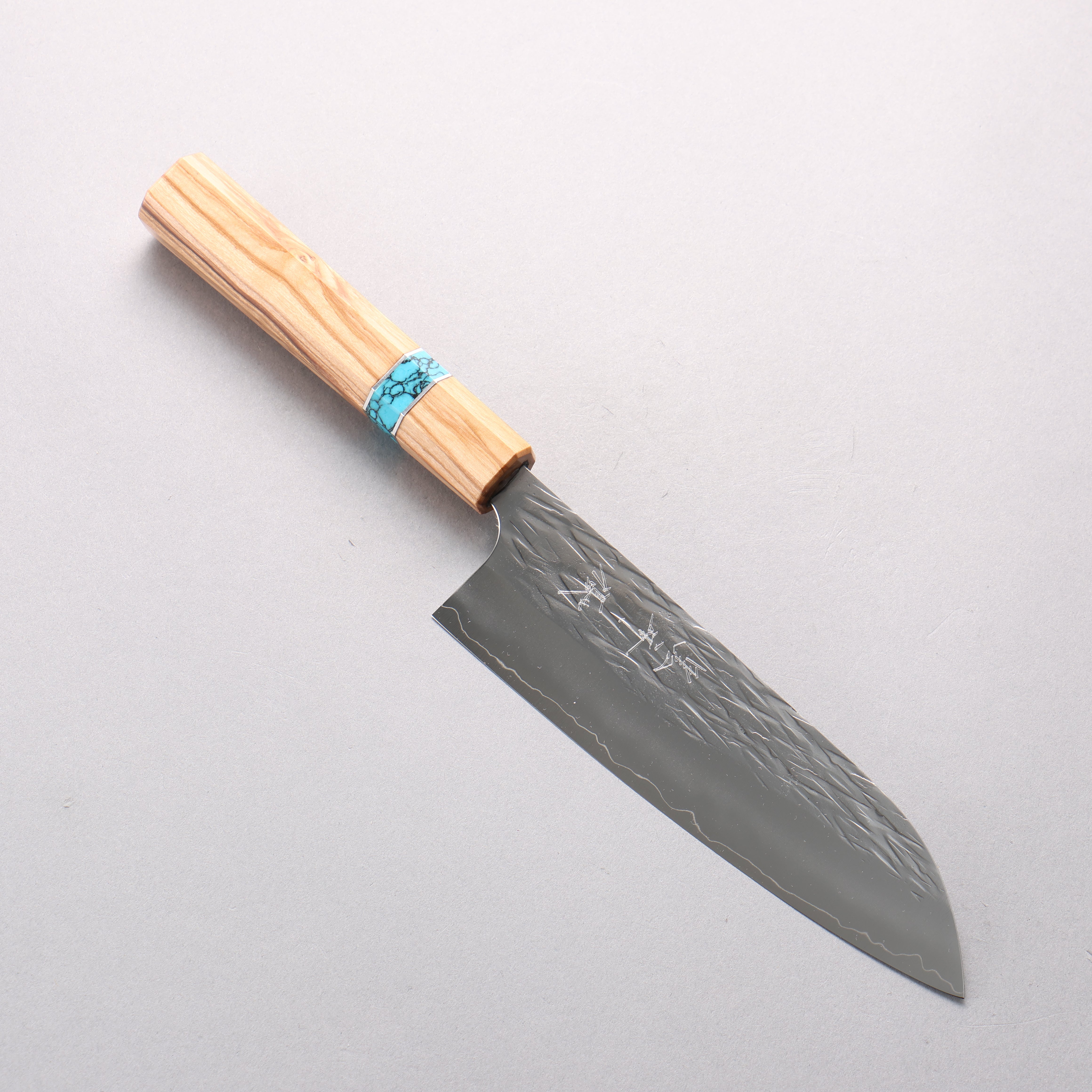 Yu Kurosaki Juhyo Cobalt Special Steel Hammered Santoku 170mm Olive Wood & Turquoise Ring Handle - Seisuke Knife