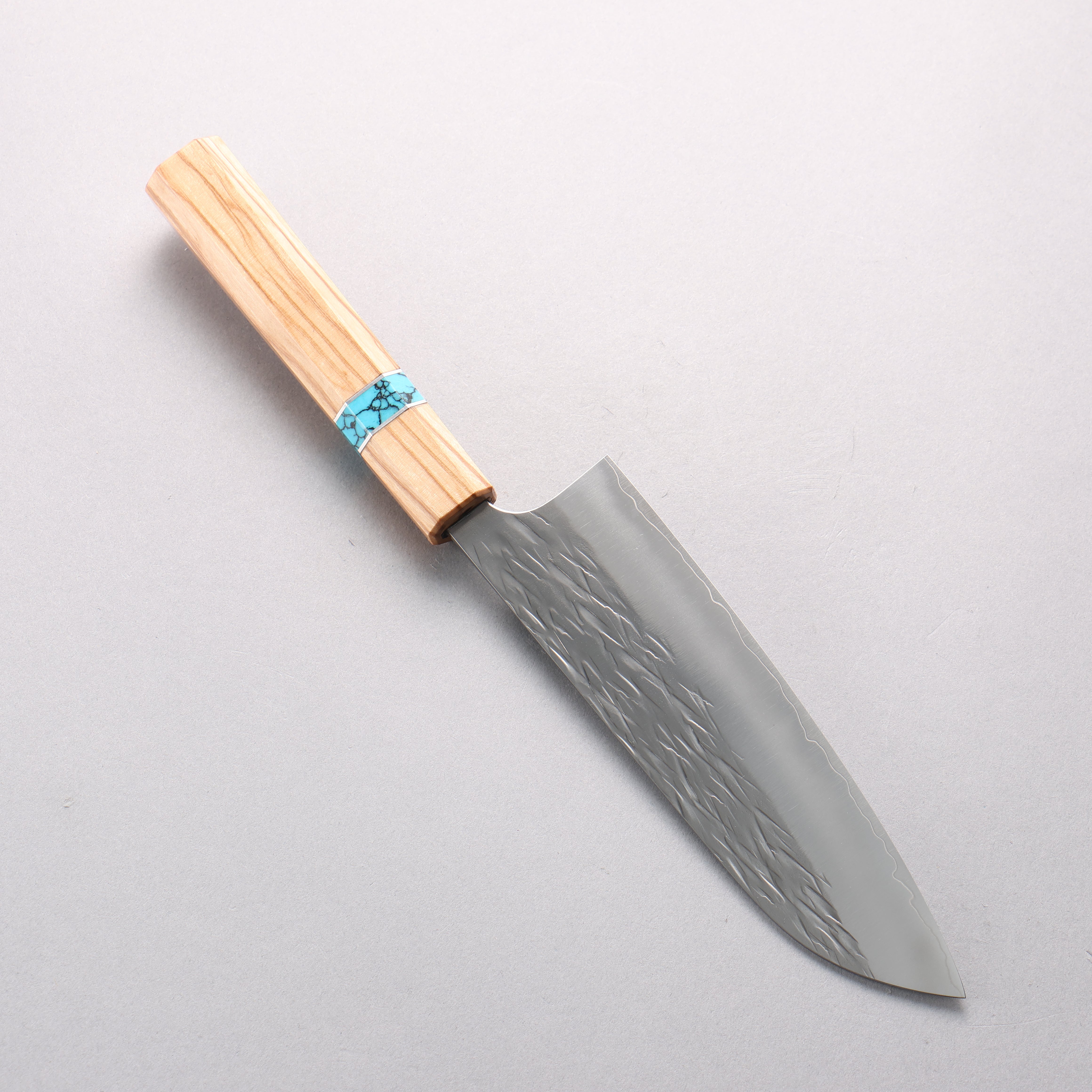 Yu Kurosaki Juhyo Cobalt Special Steel Hammered Santoku 170mm Olive Wood & Turquoise Ring Handle - Seisuke Knife