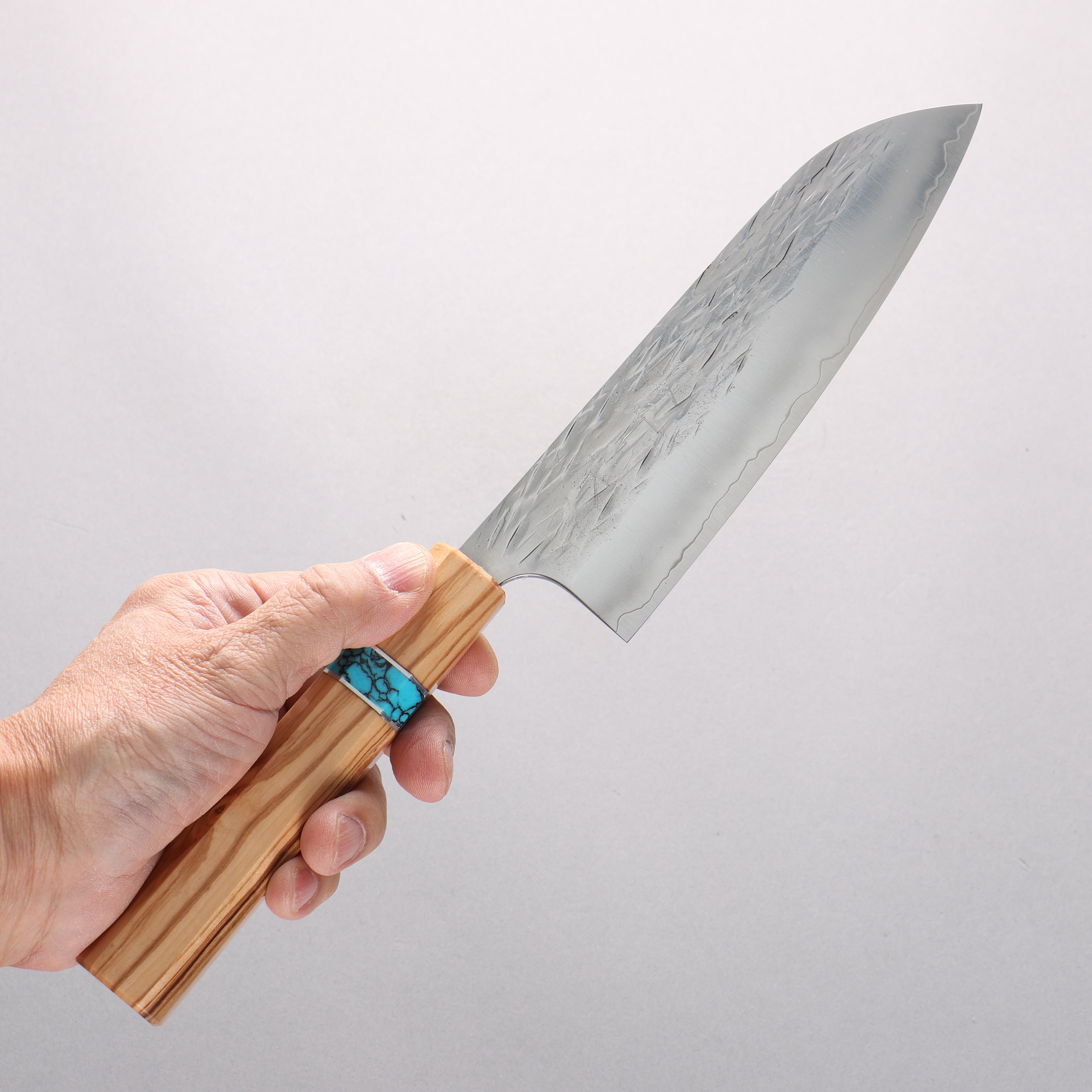 Yu Kurosaki Juhyo Cobalt Special Steel Hammered Santoku 170mm Olive Wood & Turquoise Ring Handle - Seisuke Knife