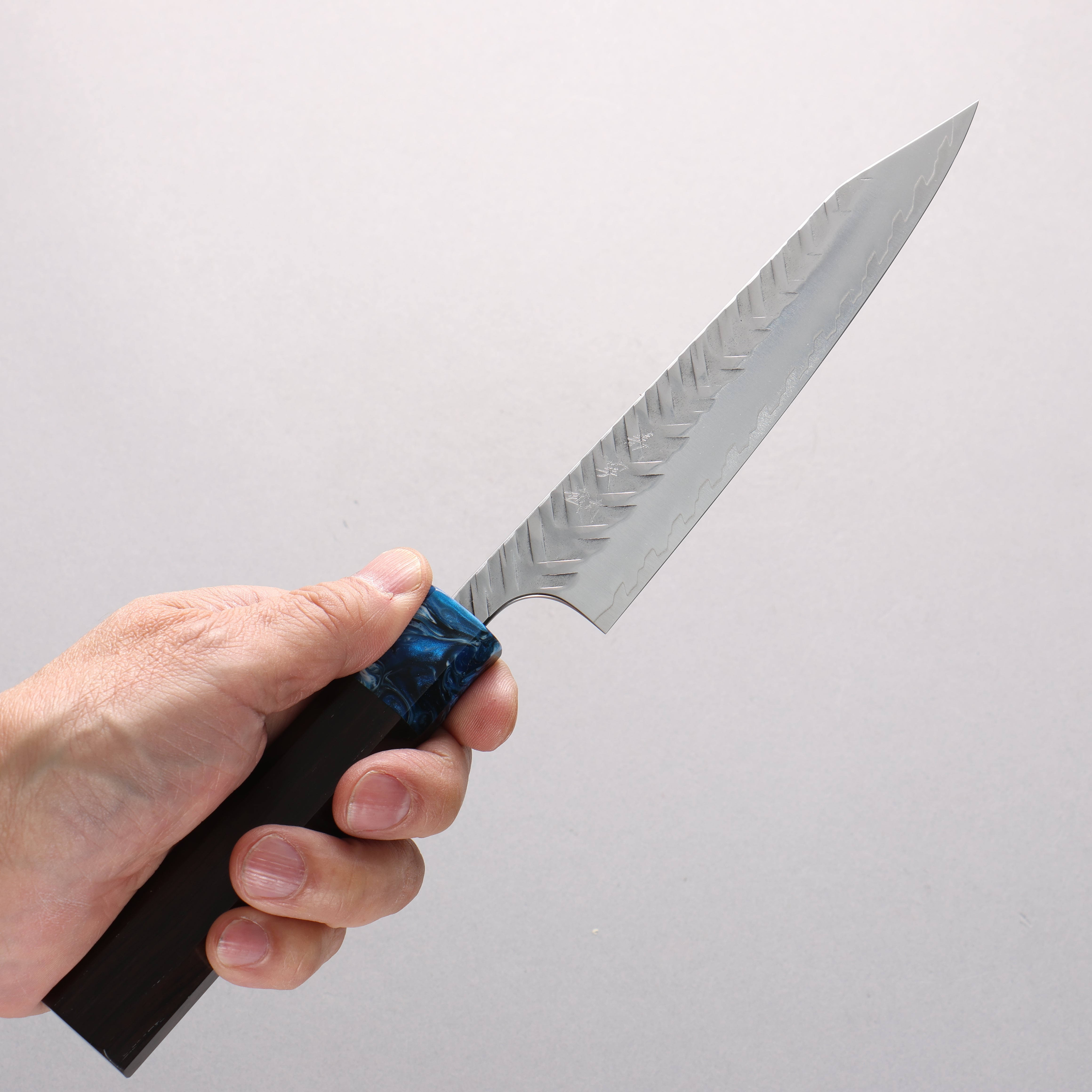 Yoshimi Kato SPG STRIX V-Hammered Kiritsuke Petty-Utility 150mm Ebony Wood & Blue Marble Resin Handle - Seisuke Knife