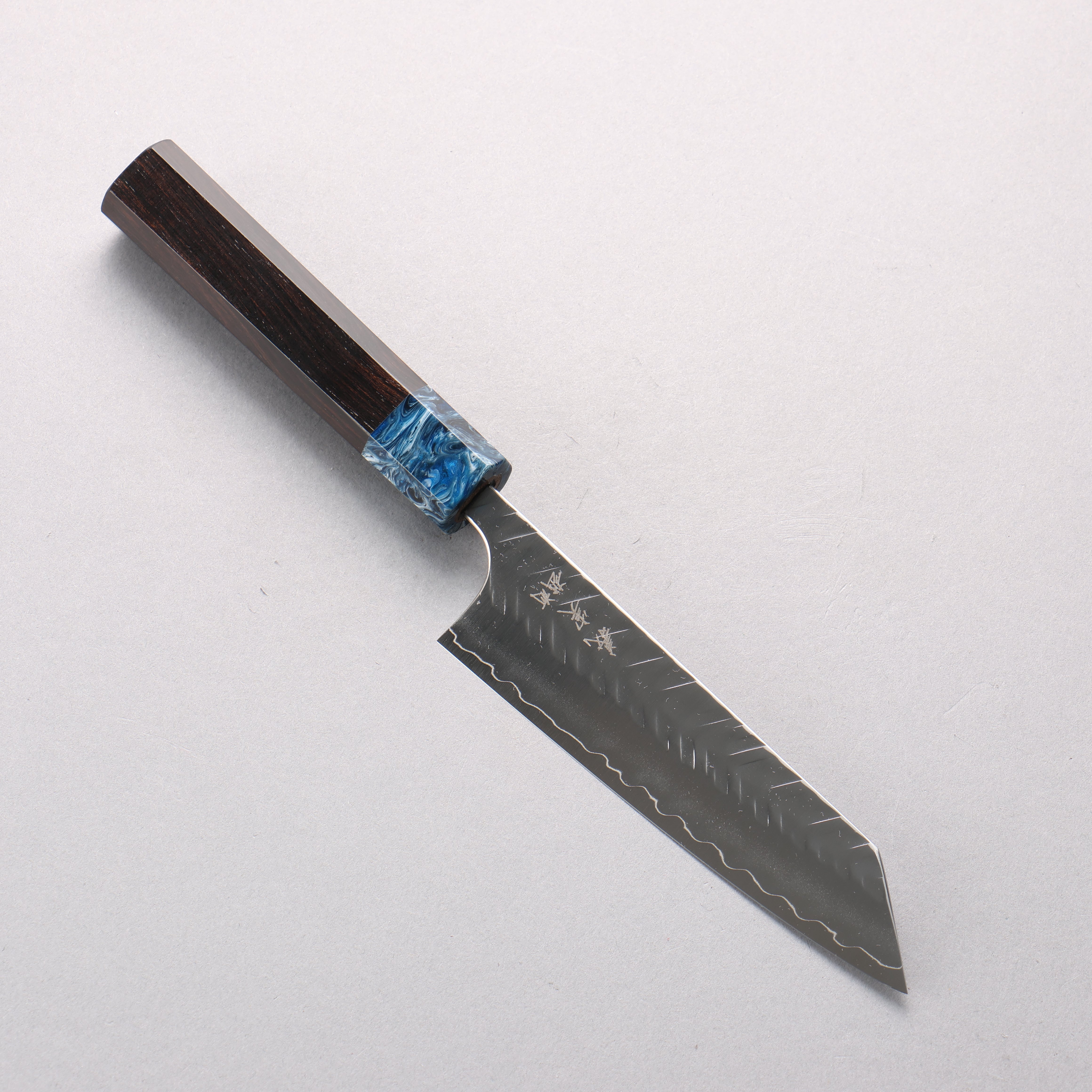 Yoshimi Kato SPG STRIX V-Hammered Small Bunka 130mm Ebony Wood & Blue Marble Resin Handle - Seisuke Knife