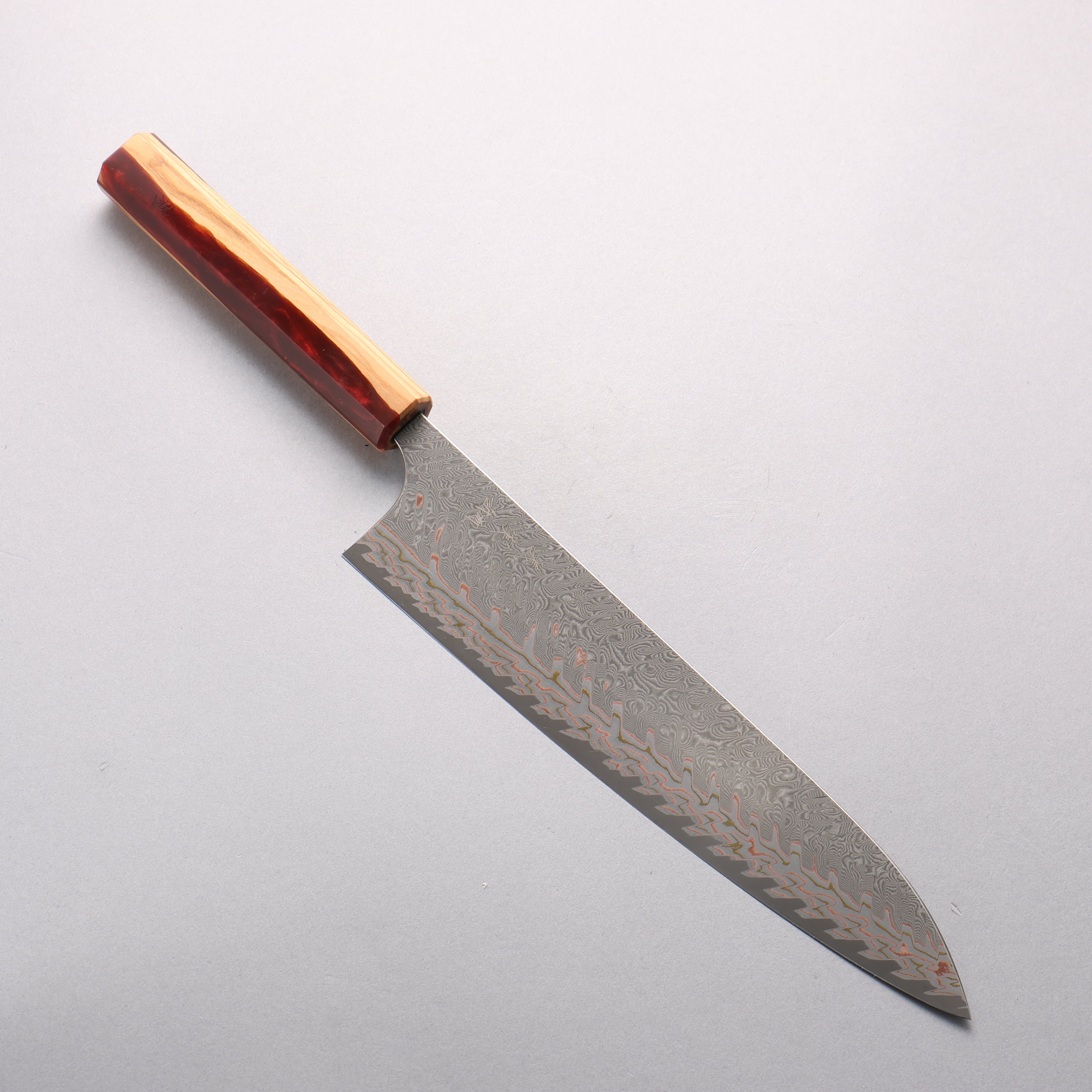 Yoshimi Kato VG10w Colored Damascus Gyuto 240mm Olive Wood & Red Resin Handle - Seisuke Knife