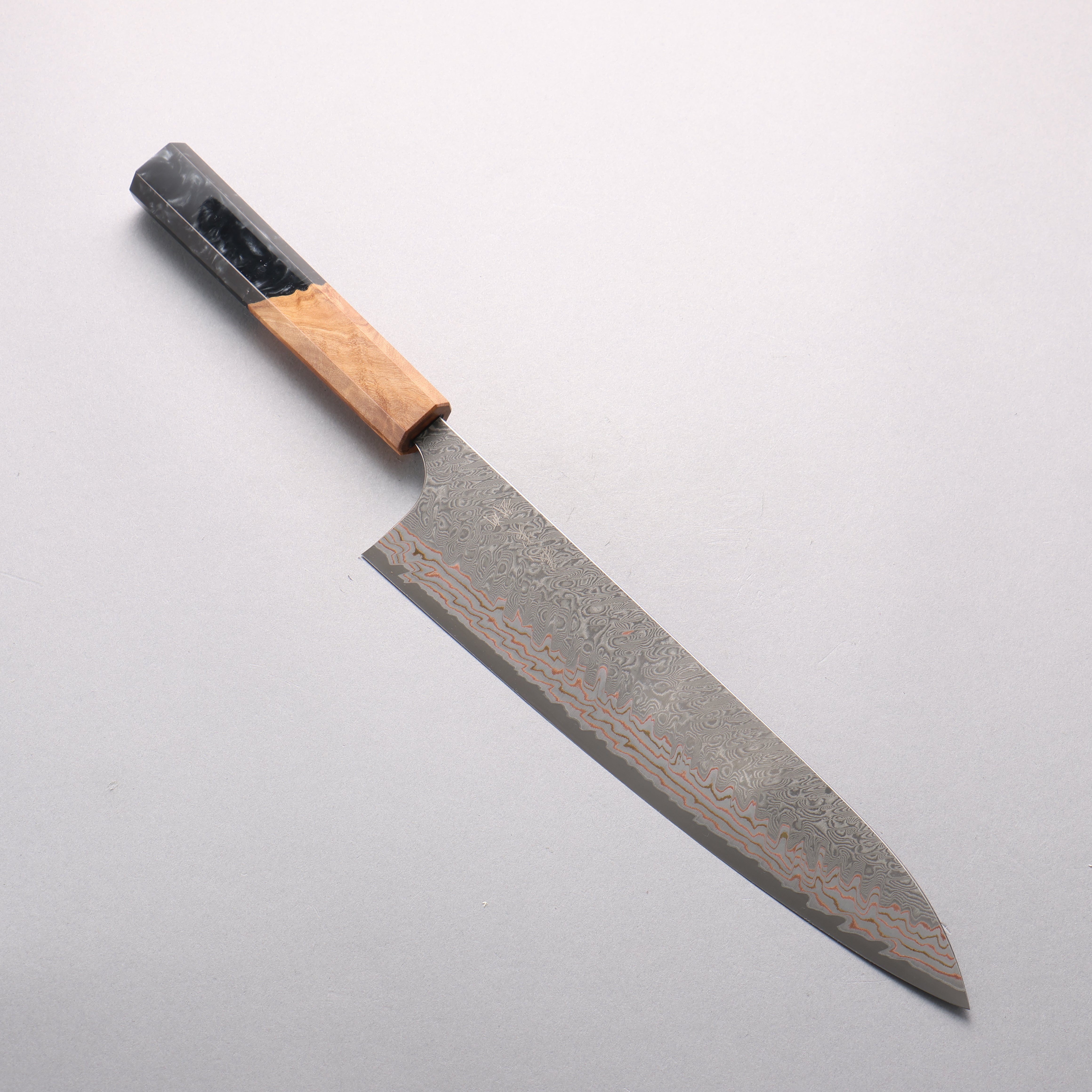 Yoshimi Kato VG10w Colored Damascus Gyuto 240mm Olive Wood & Black Marble Resin Handle - Seisuke Knife
