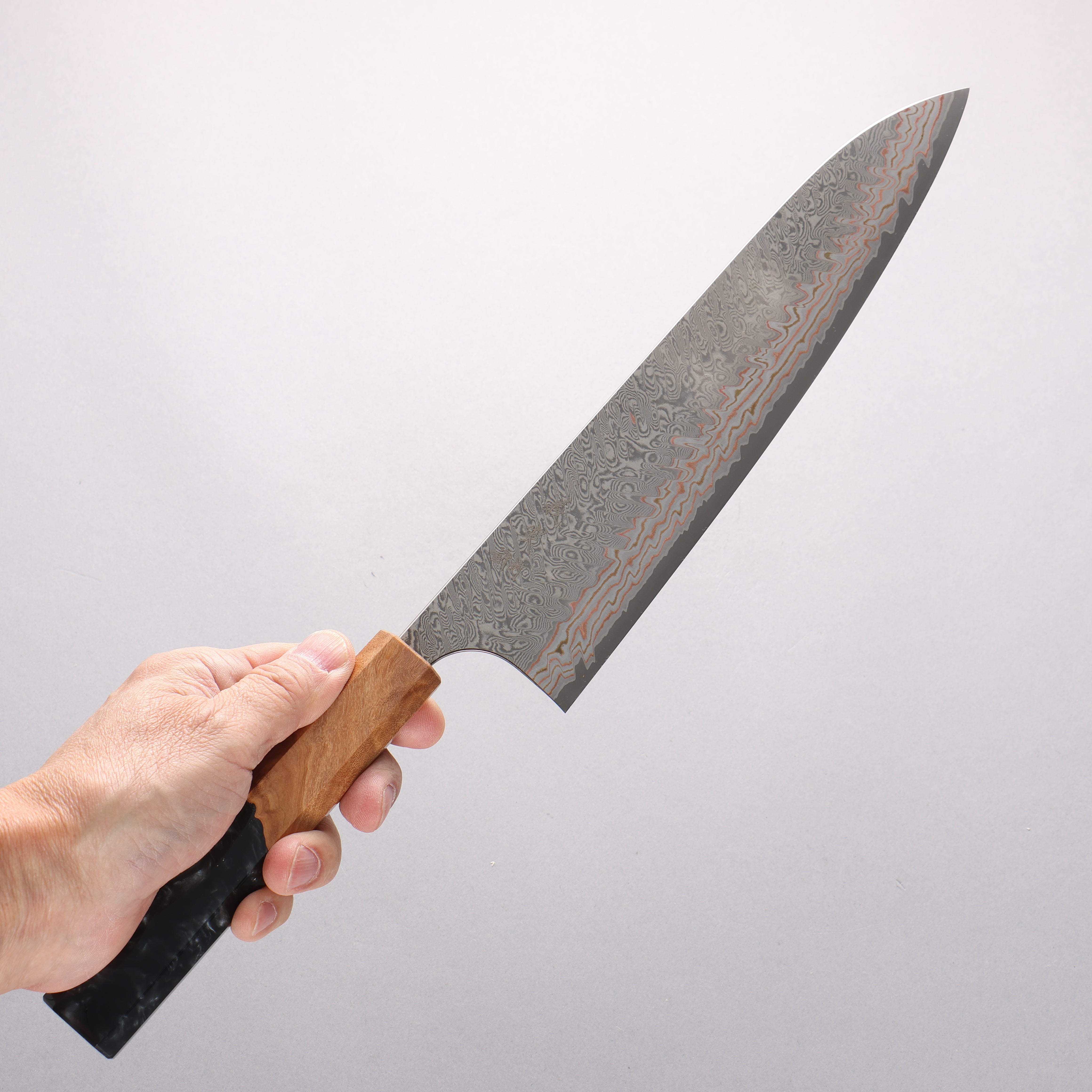 Yoshimi Kato VG10w Colored Damascus Gyuto 240mm Olive Wood & Black Marble Resin Handle - Seisuke Knife