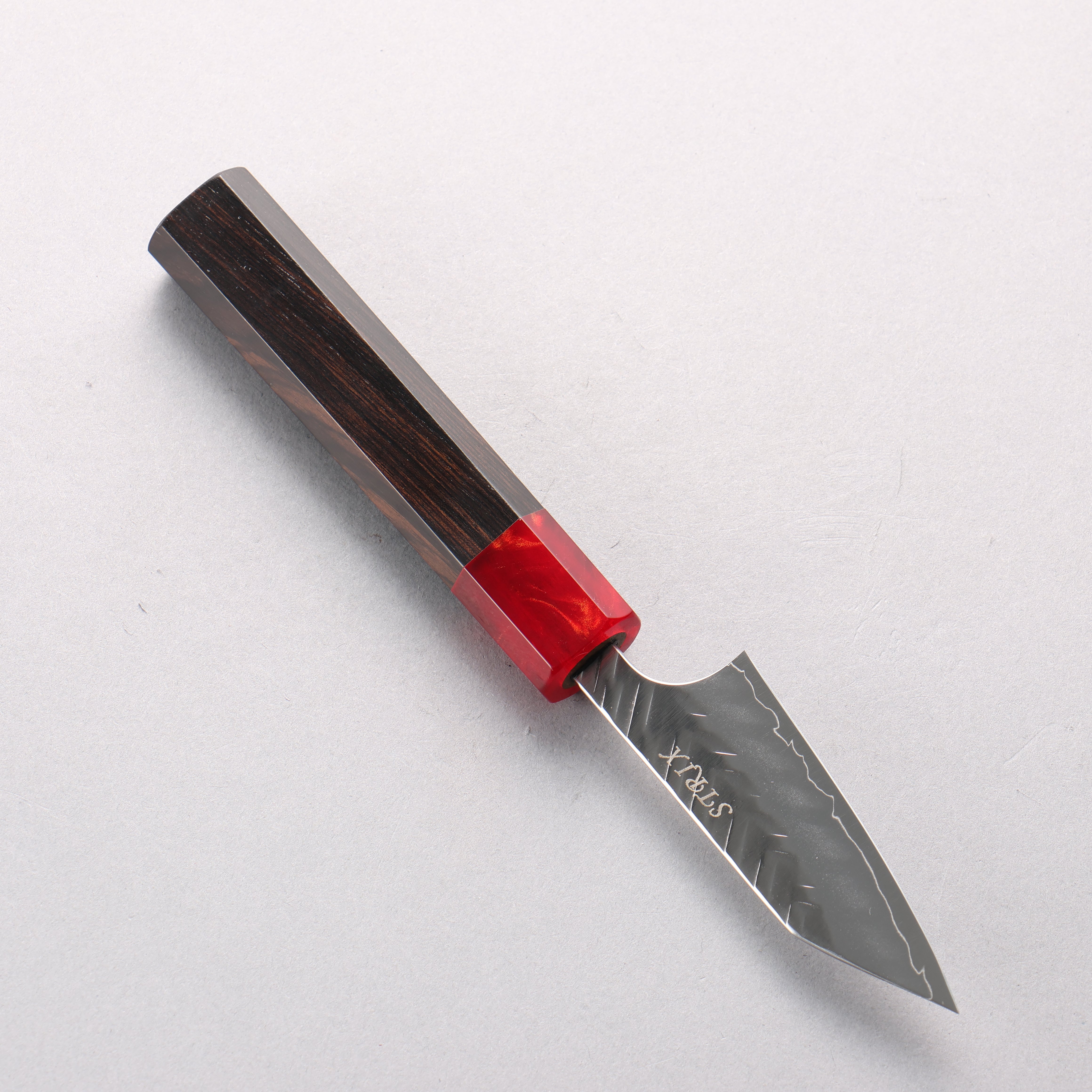 Yoshimi Kato SPG STRIX V-Hammered Kiritsuke Paring 80mm Ebony Wood & Red Resin Handle - Seisuke Knife