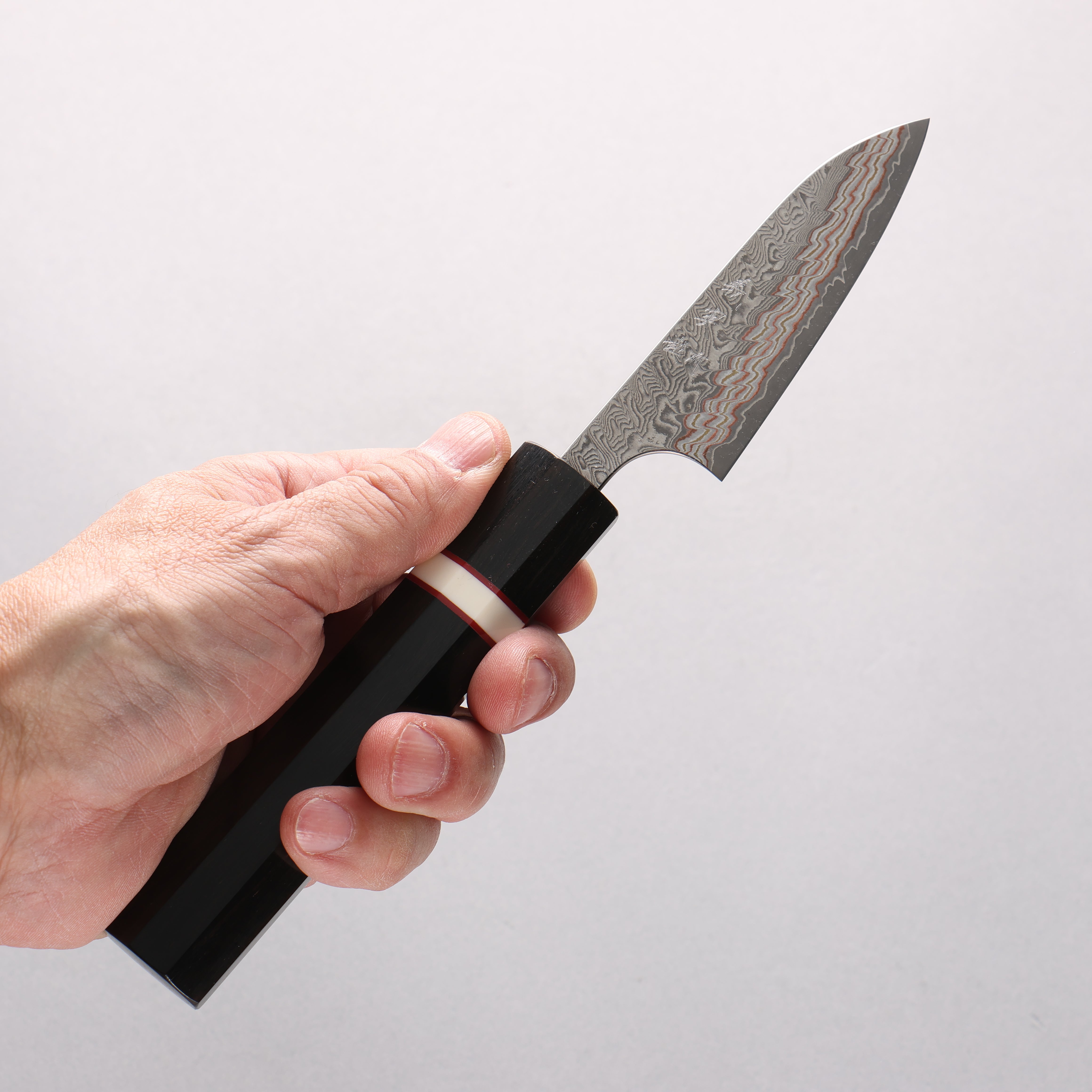 Yoshimi Kato VG10w Colored Damascus Paring 80mm Ebony Wood & White Ring Handle - Seisuke Knife