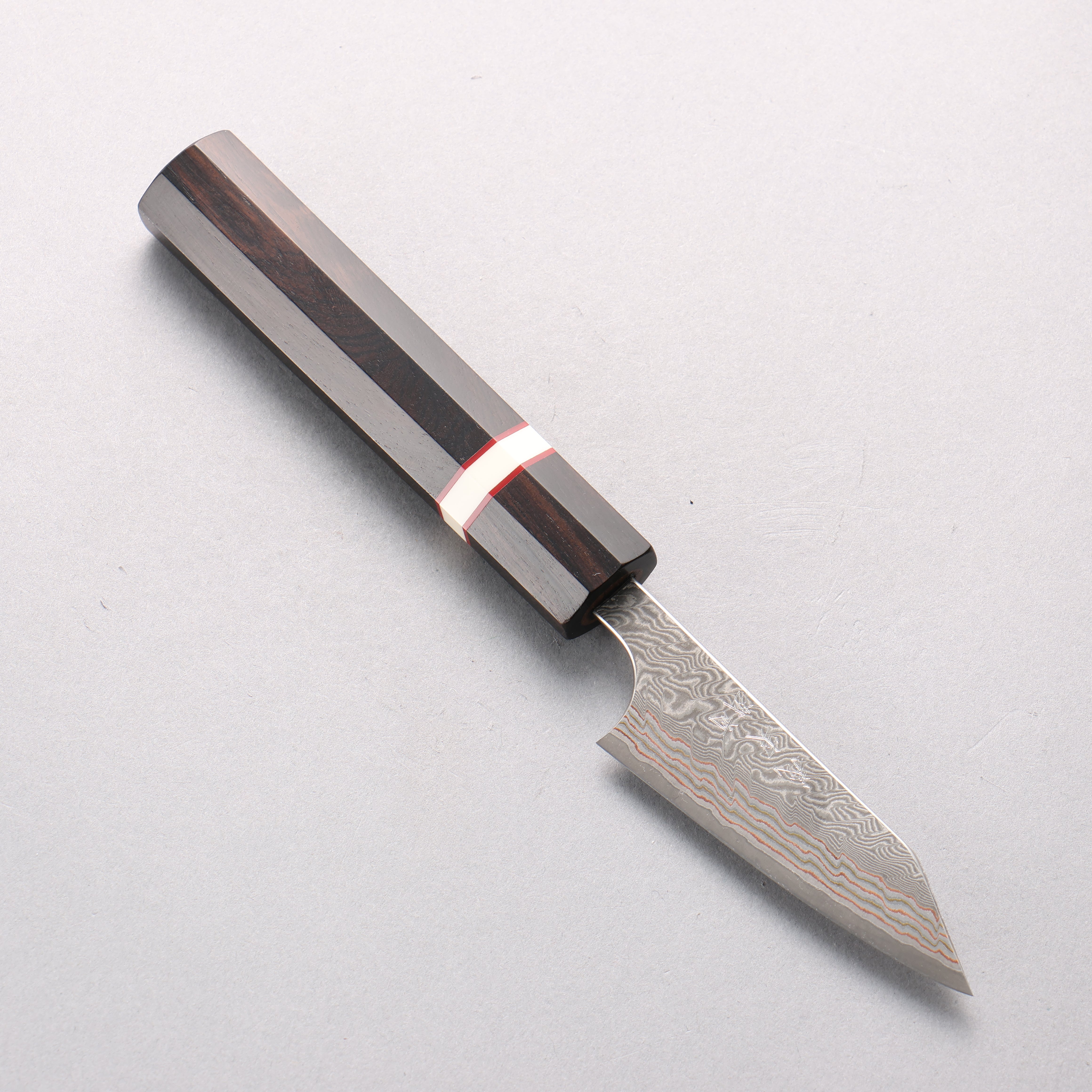Yoshimi Kato VG10w Colored Damascus Kiritsuke Paring 80mm Ebony Wood & White Ring Handle - Seisuke Knife