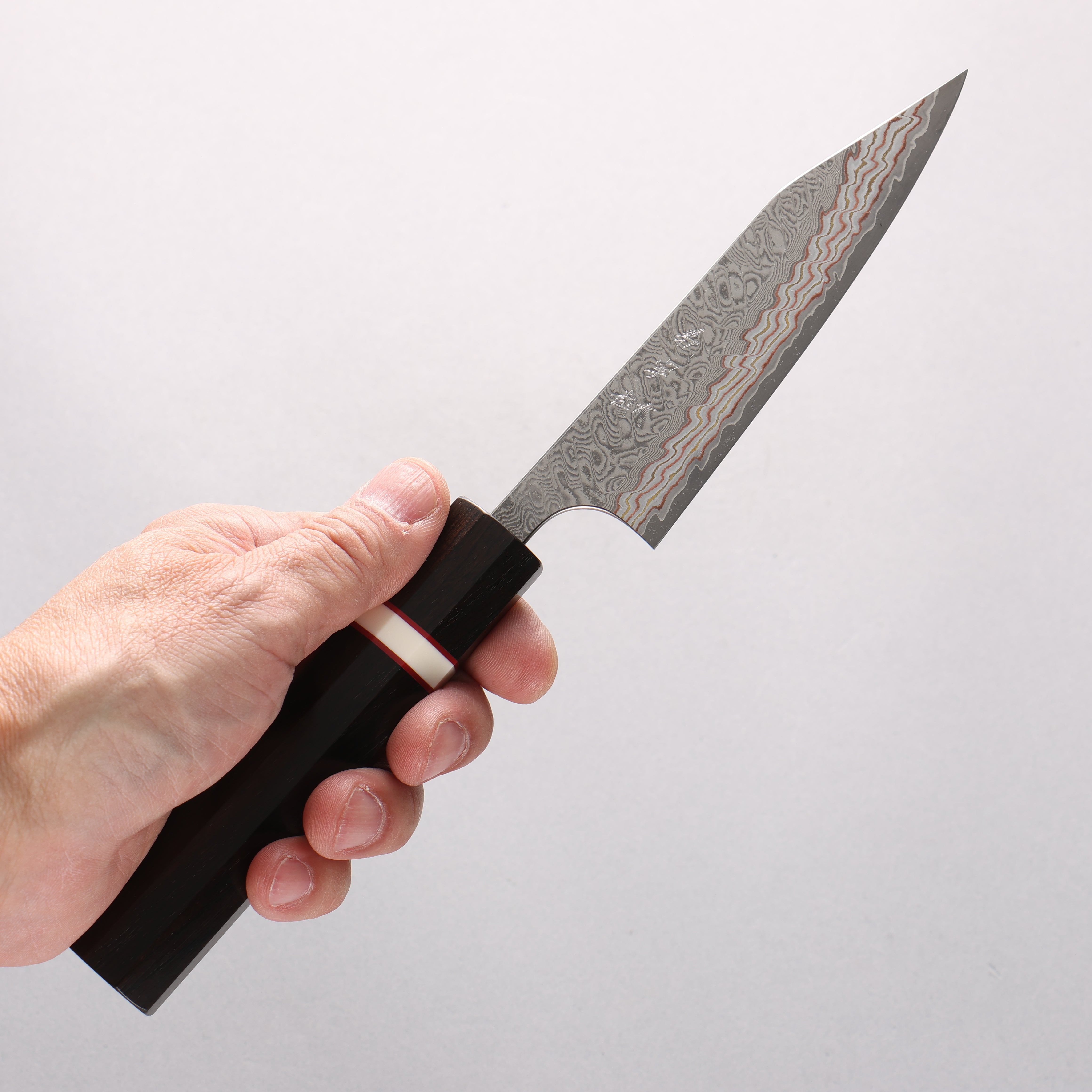 Yoshimi Kato VG10w Colored Damascus Kiritsuke Petty-Utility 120mm Ebony & White Ring Handle - Seisuke Knife