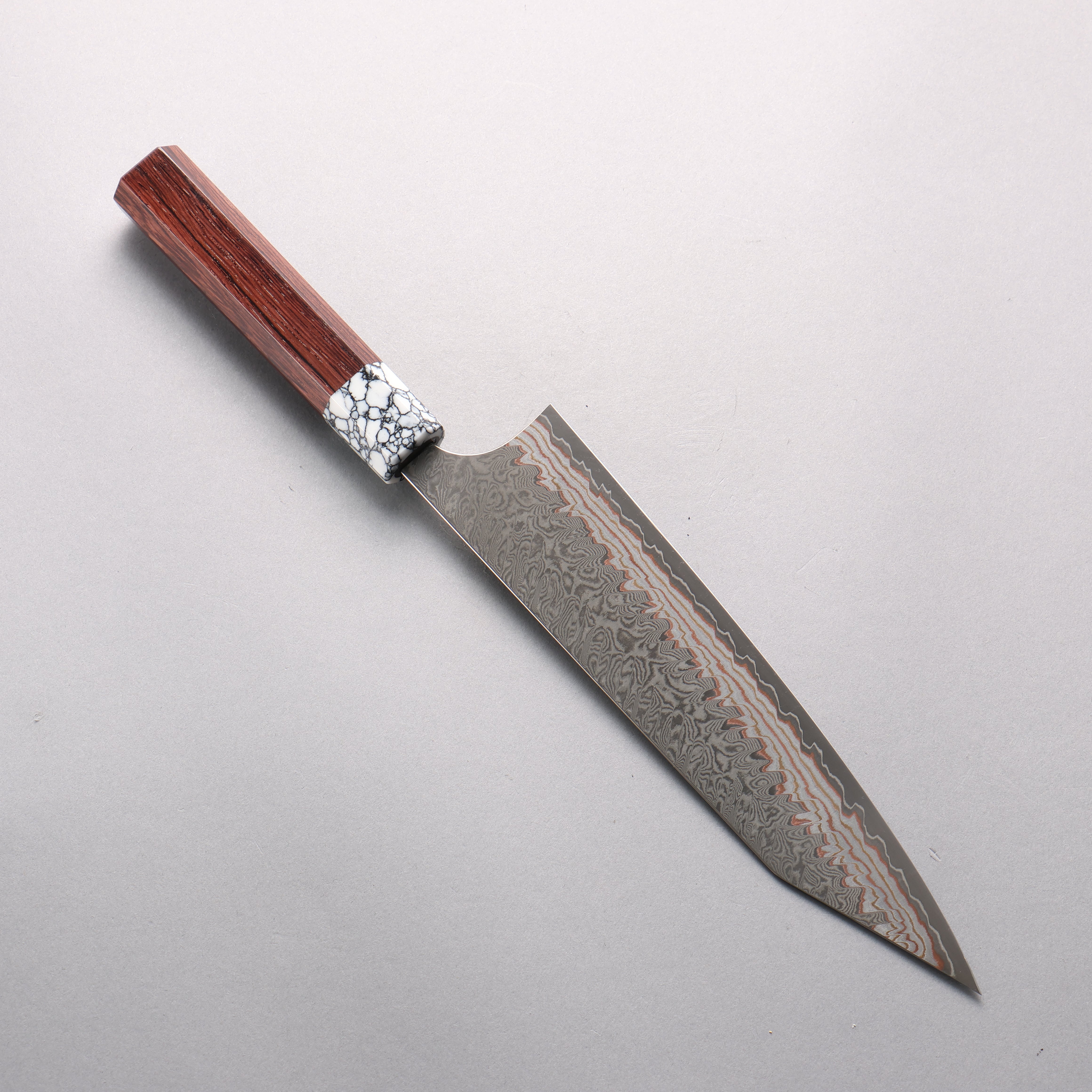 Yoshimi Kato VG10w Colored Damascus Kiritsuke Gyuto 210mm Rosewood & White Turquoise Handle - Seisuke Knife