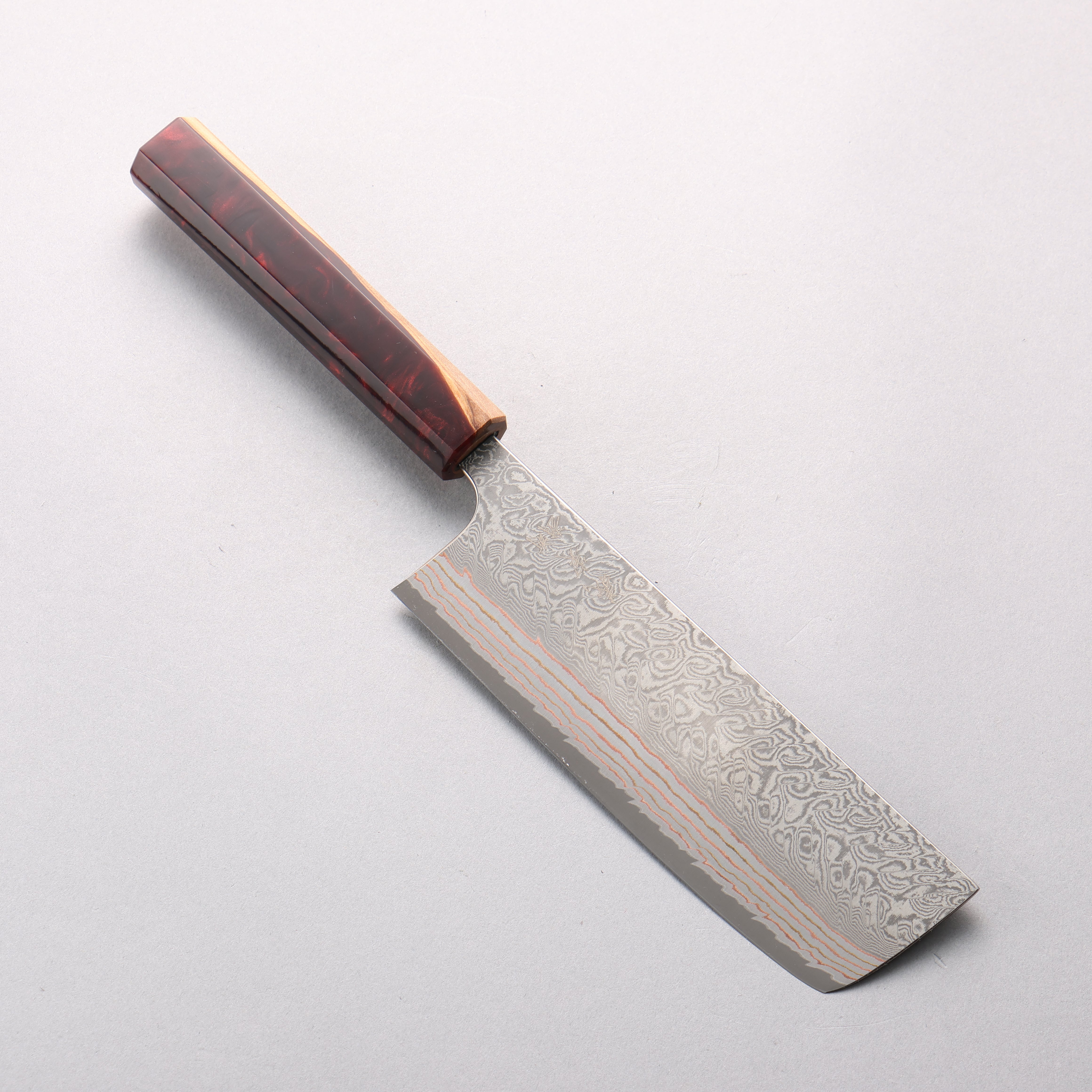 Yoshimi Kato VG10w Colored Damascus Nakiri 165mm Olive Wood & Red Resin Handle - Seisuke Knife