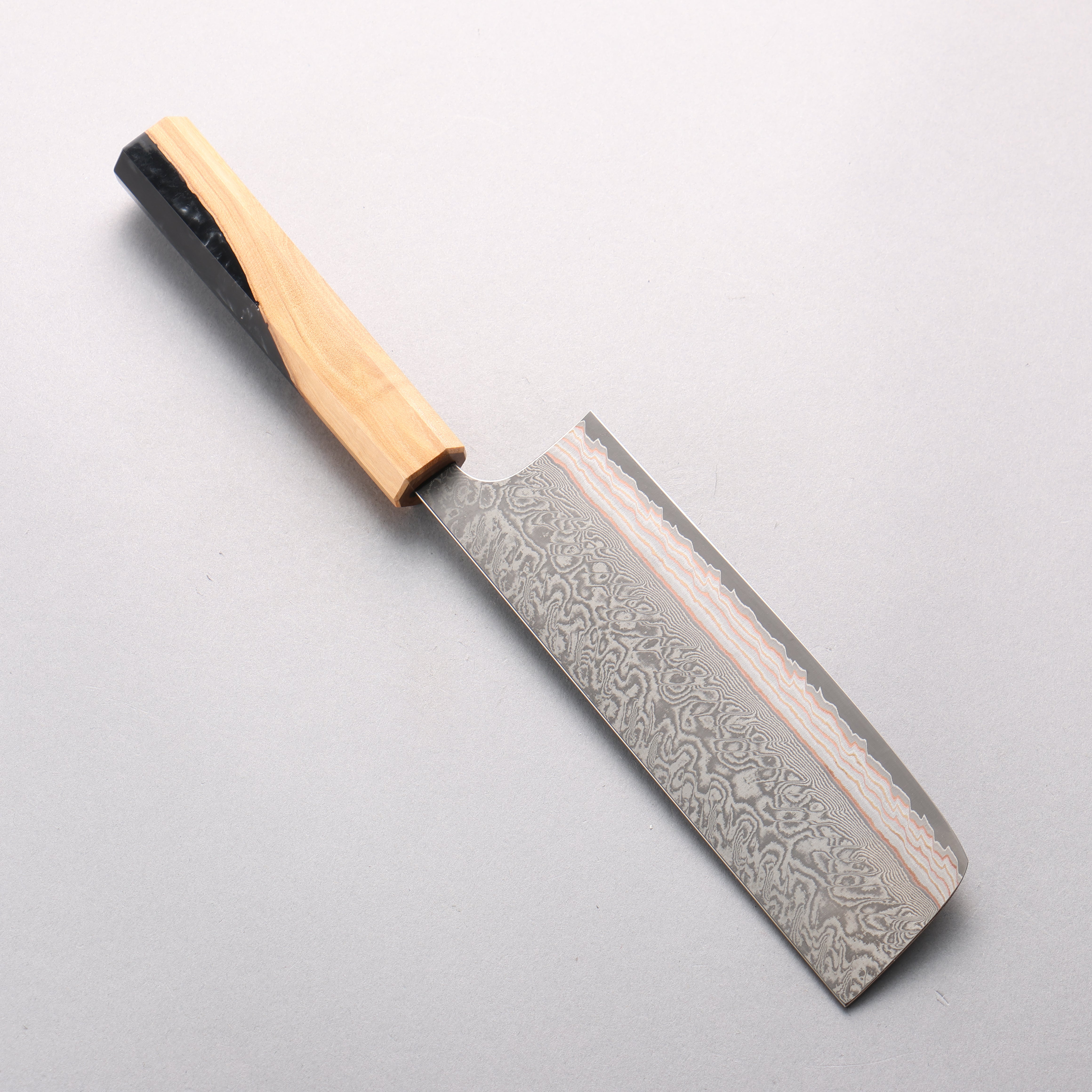 Yoshimi Kato VG10w Colored Damascus Nakiri 165mm Olive Wood & Black/White Marble Resin Handle - Seisuke Knife