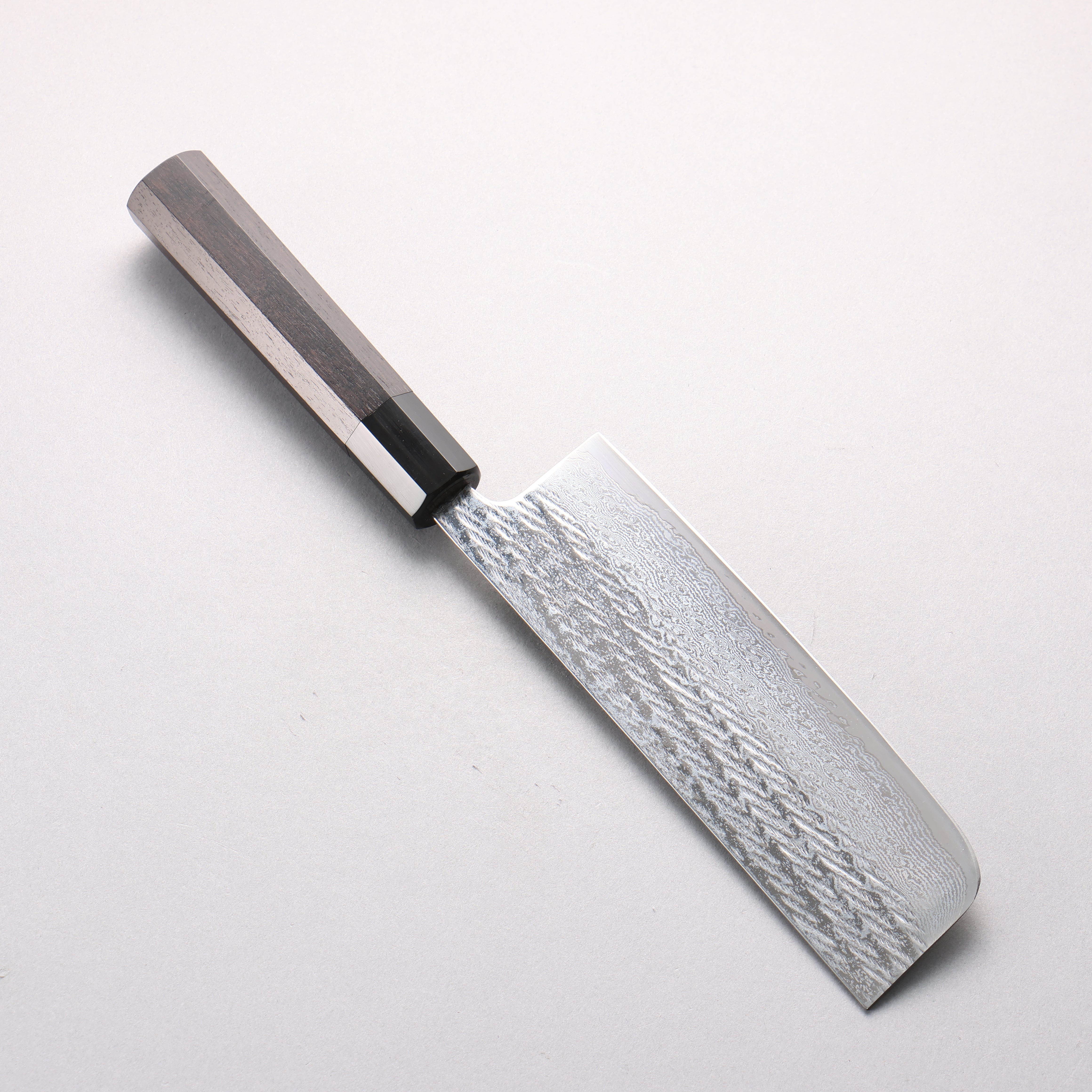 Seisuke Silver Steel No.3 Hammered Damascus Rope Pattern Nakiri 165mm Ebony Wood & Black Water Buffalo Horn Handle - Seisuke Knife