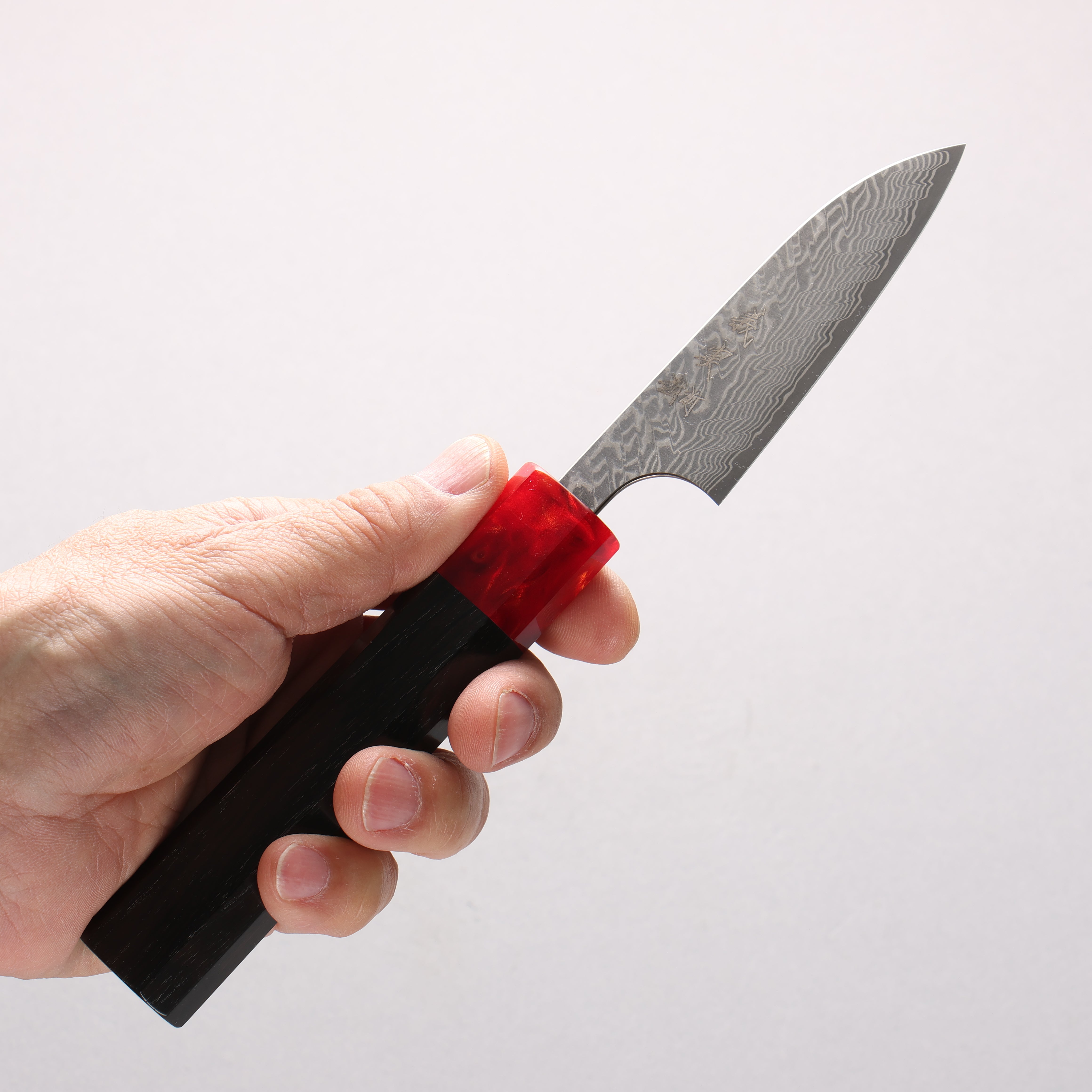 Yoshimi Kato SG2 Black Damascus Petty-Utility 80mm Ebony Wood & Red Resin Handle - Seisuke Knife