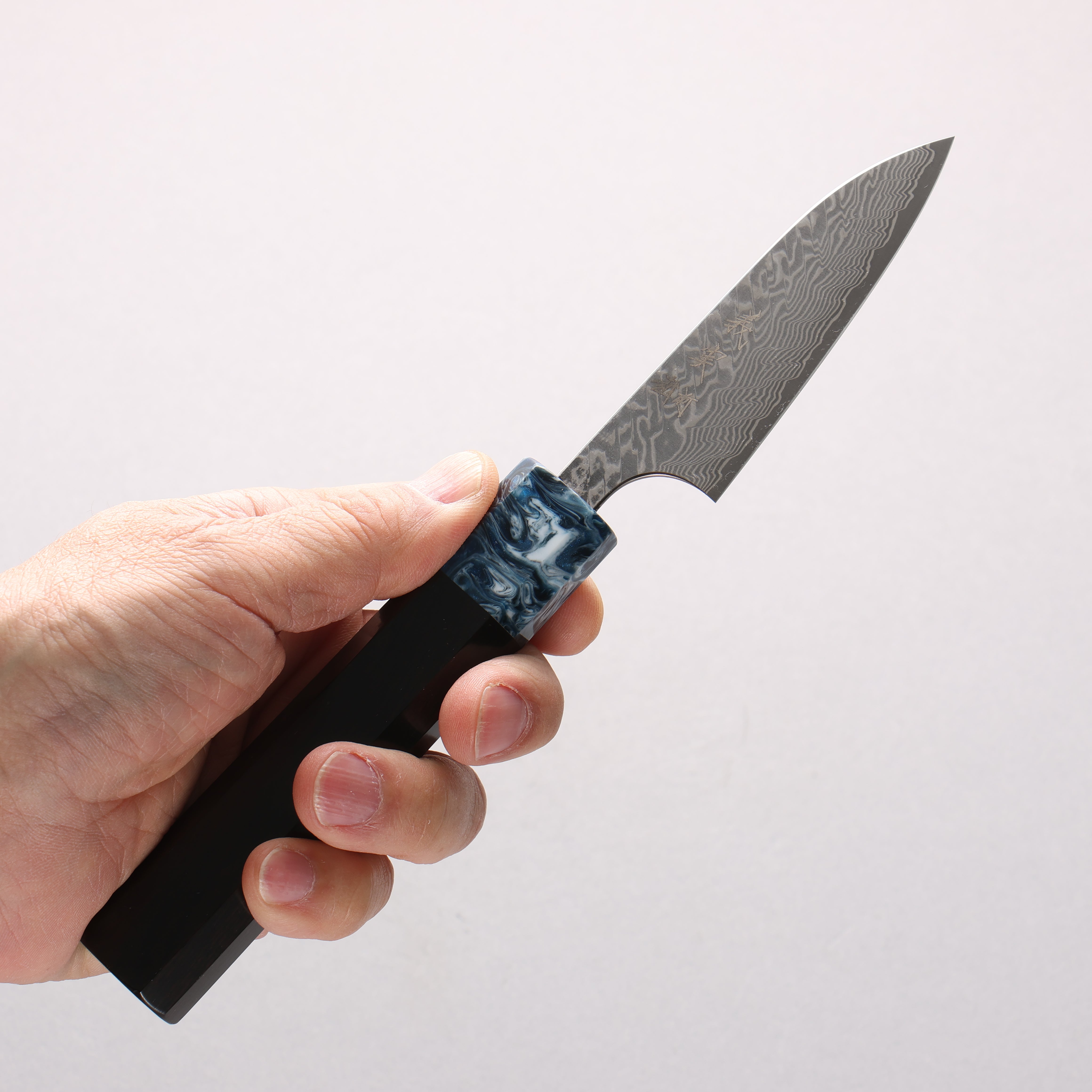 Yoshimi Kato SG2 Black Damascus Petty-Utility 80mm Ebony Wood & Blue Resin Handle - Seisuke Knife