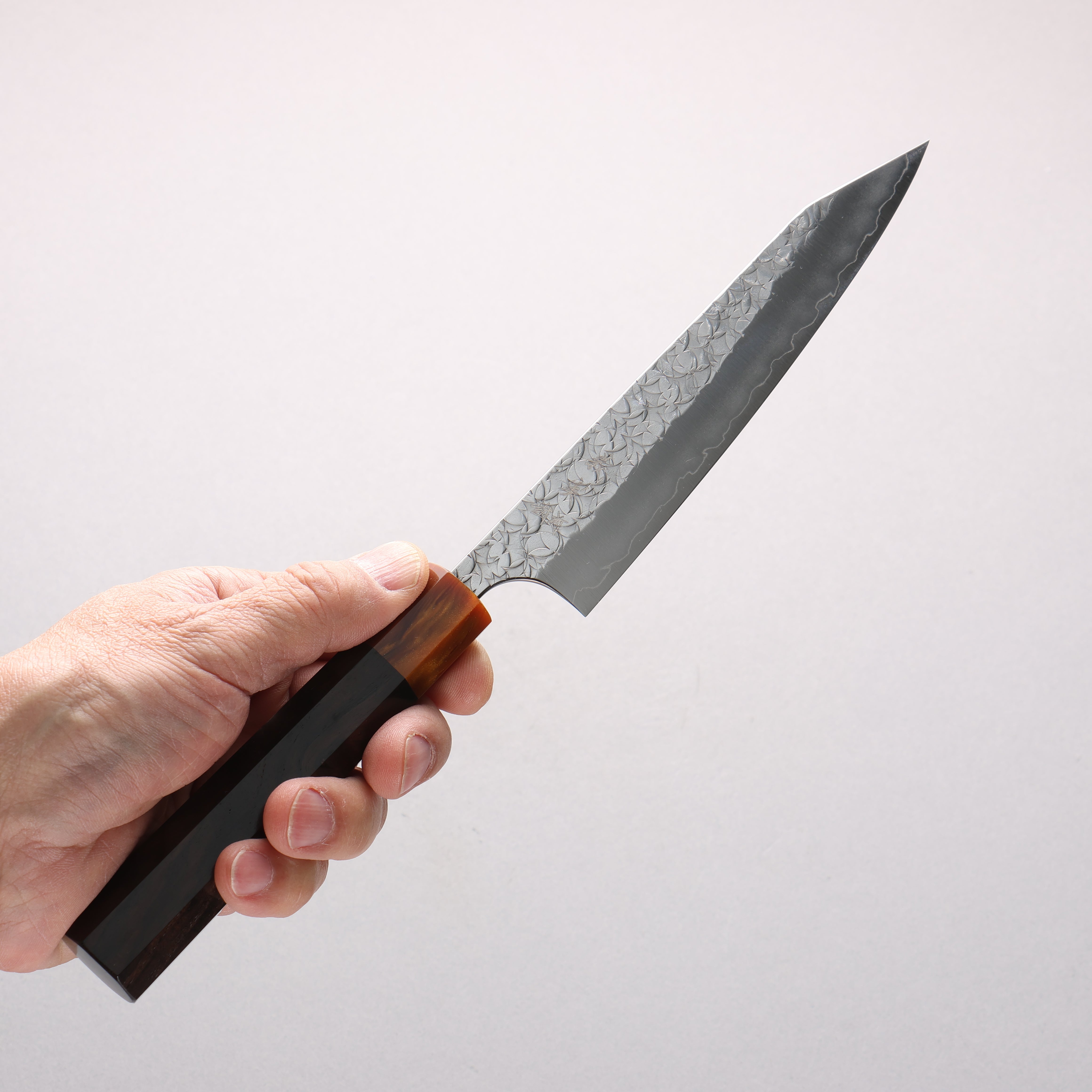 Yoshimi Kato Minamo SG2 Hammered Kiritsuke Petty-Utility 150mm Ebony Wood & Orange Resin Handle - Seisuke Knife