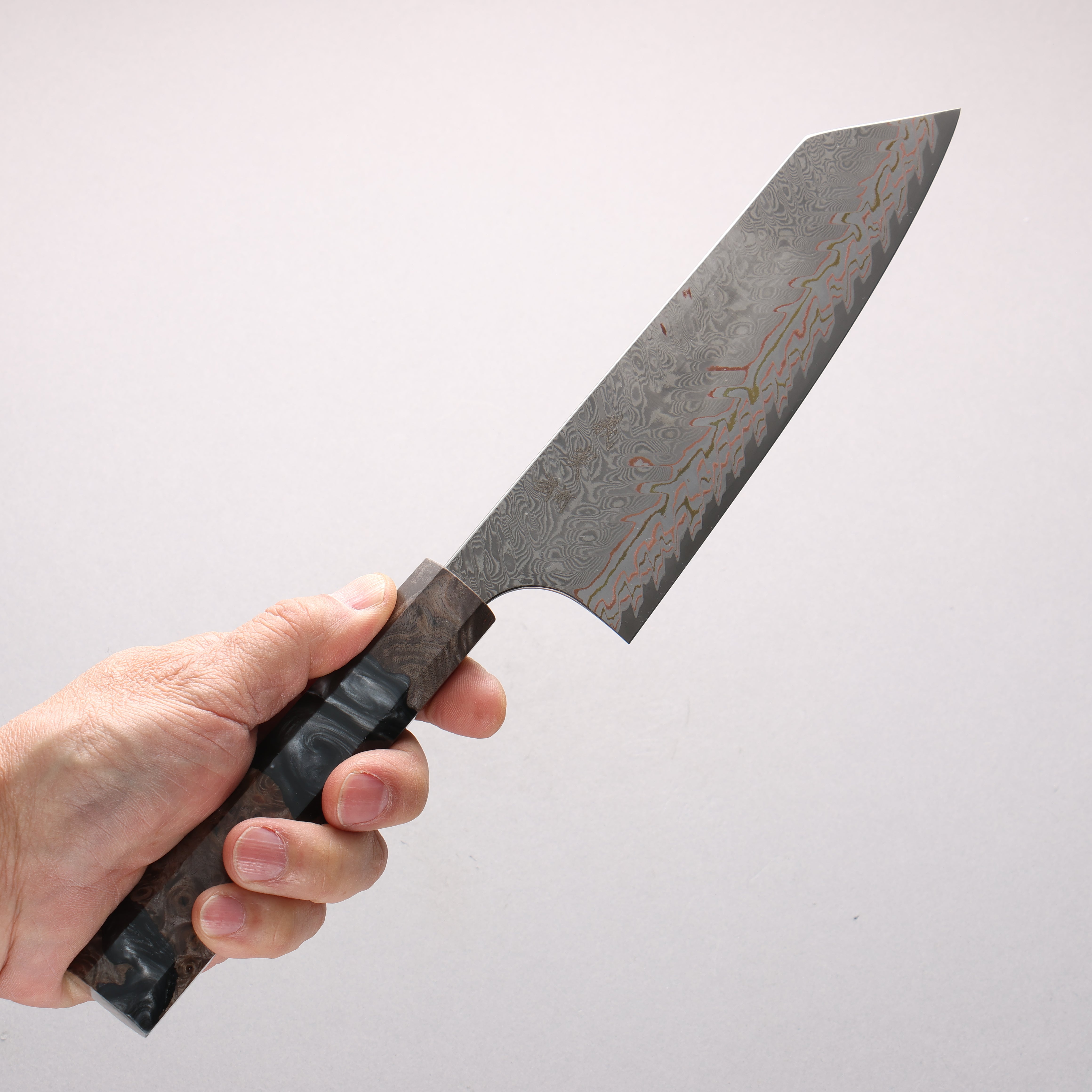 Yoshimi Kato VG10w Colored Damascus Bunka 170mm Stabilized Birch & Black Resin Handle - Seisuke Knife