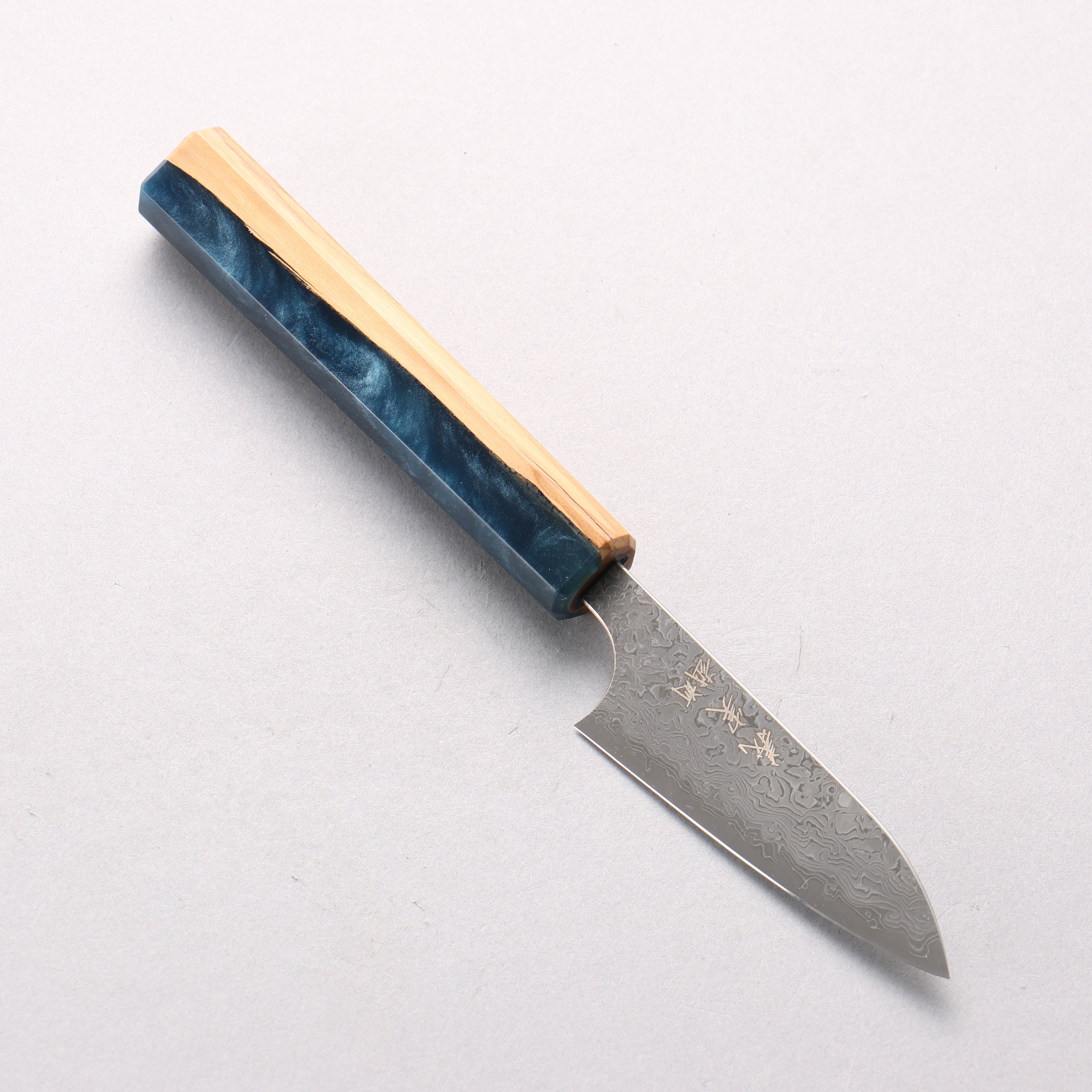 Yoshimi Kato VG10 Black Damascus Paring 80mm Olive Wood & Blue Resin Handle - Seisuke Knife