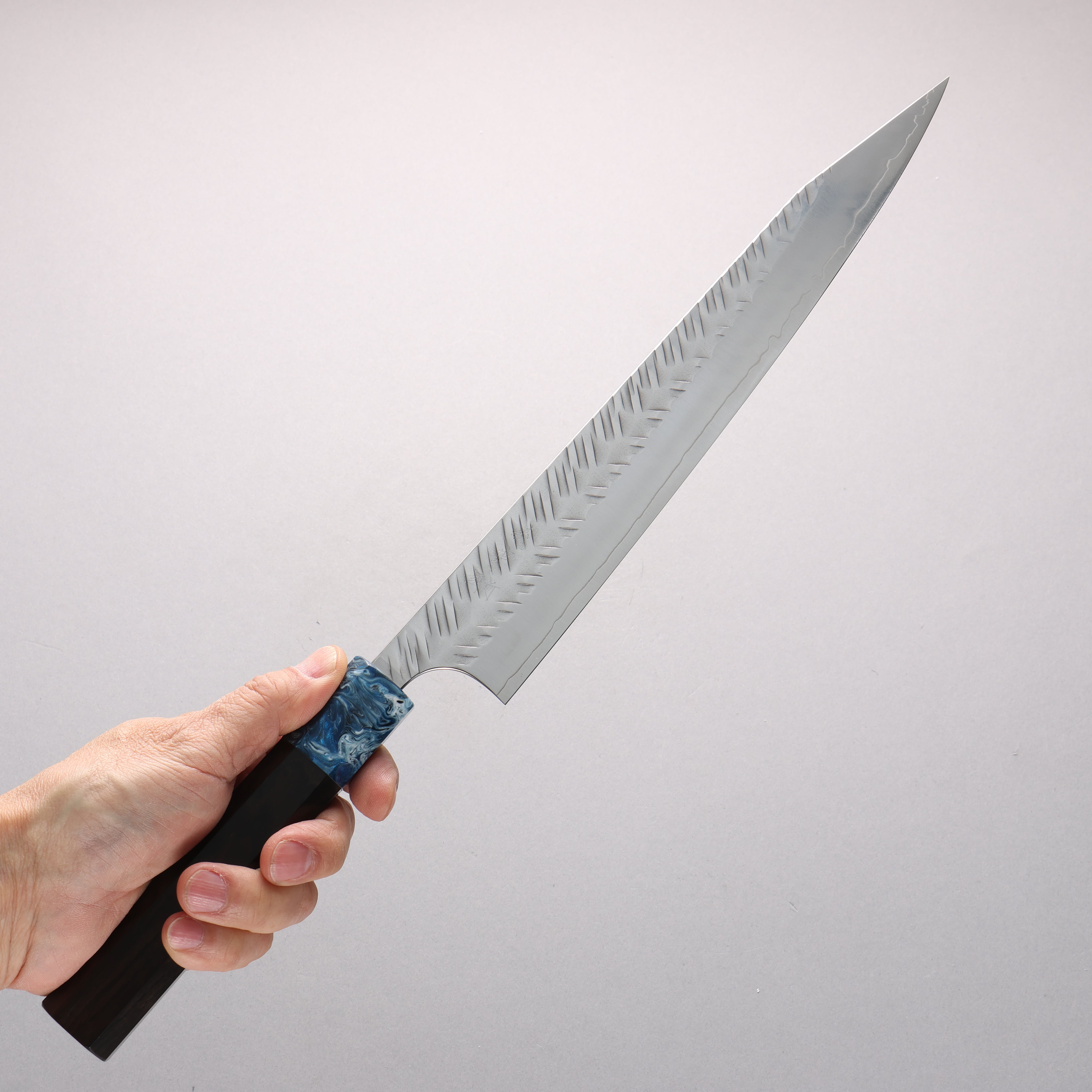 Yoshimi Kato SPG STRIX V-Hammered Kiritsuke Sujihiki 270mm Ebony Wood & Blue Marble Resin Handle - Seisuke Knife