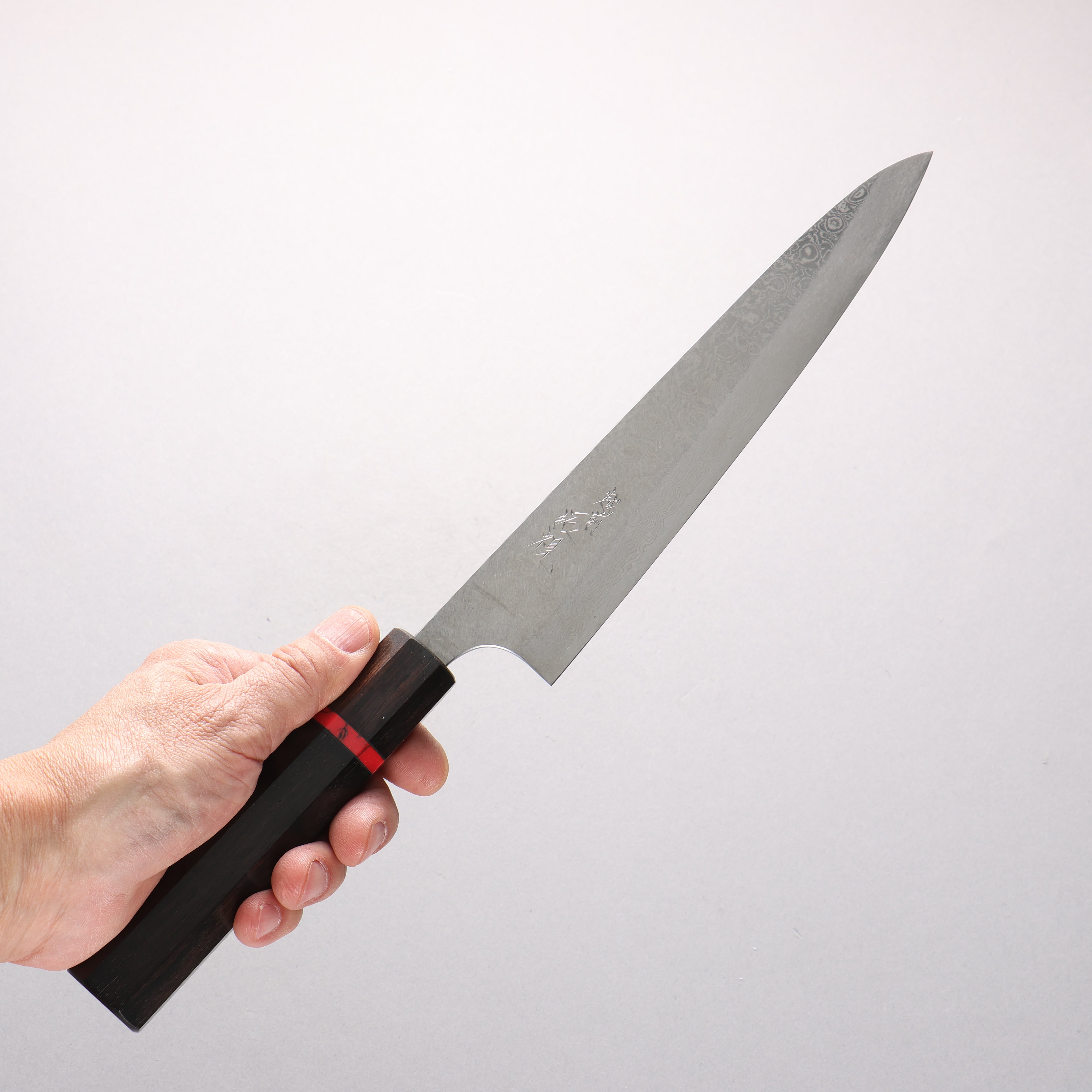 Takumi Ikeda Suikyou VG10 Migaki Damascus Sujihiki 210mm Ebony Wood & Red Turquoise Ring Handle - Seisuke Knife