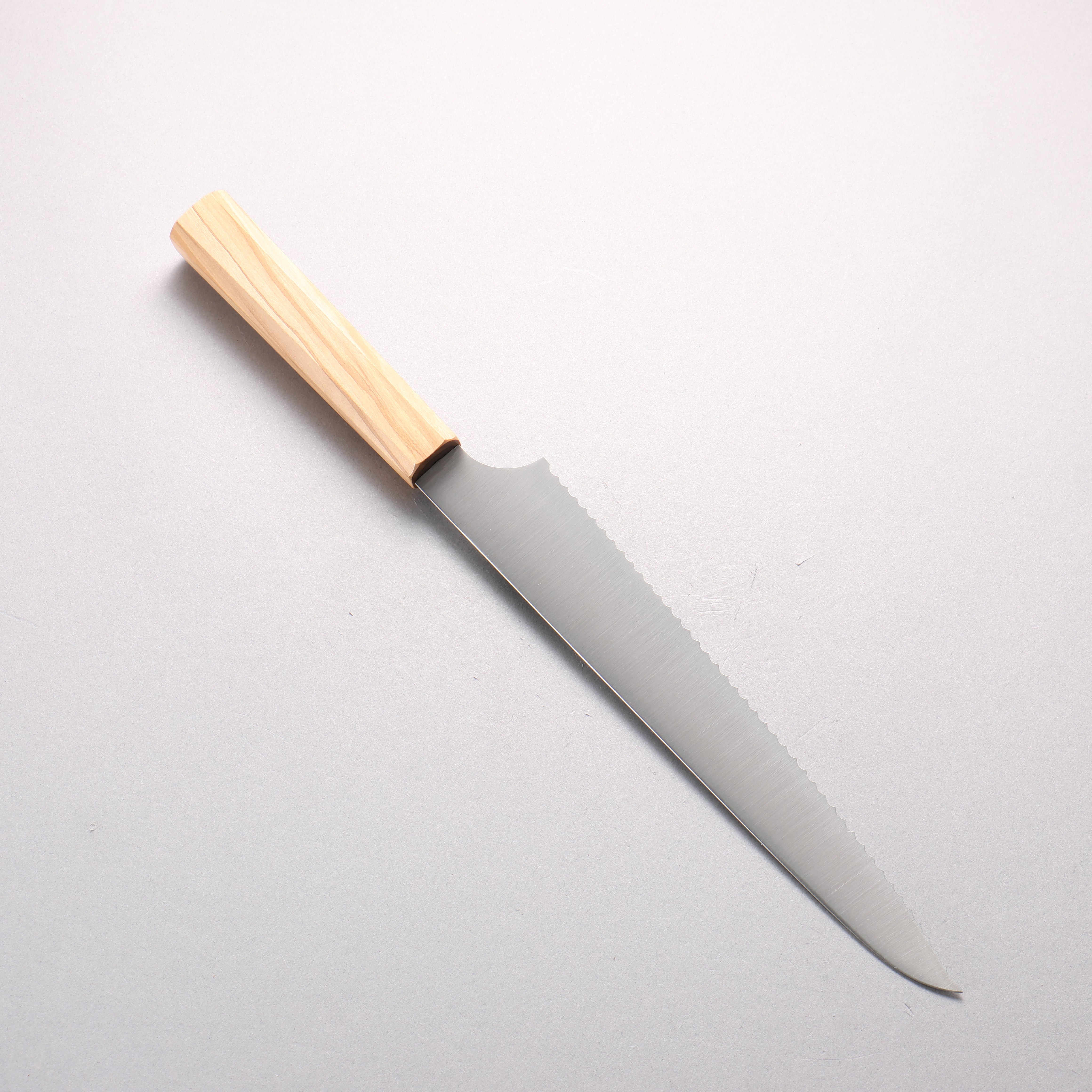 Kei Stainless Steel Bread Slicer 240mm Olive Wood Handle - Seisuke Knife