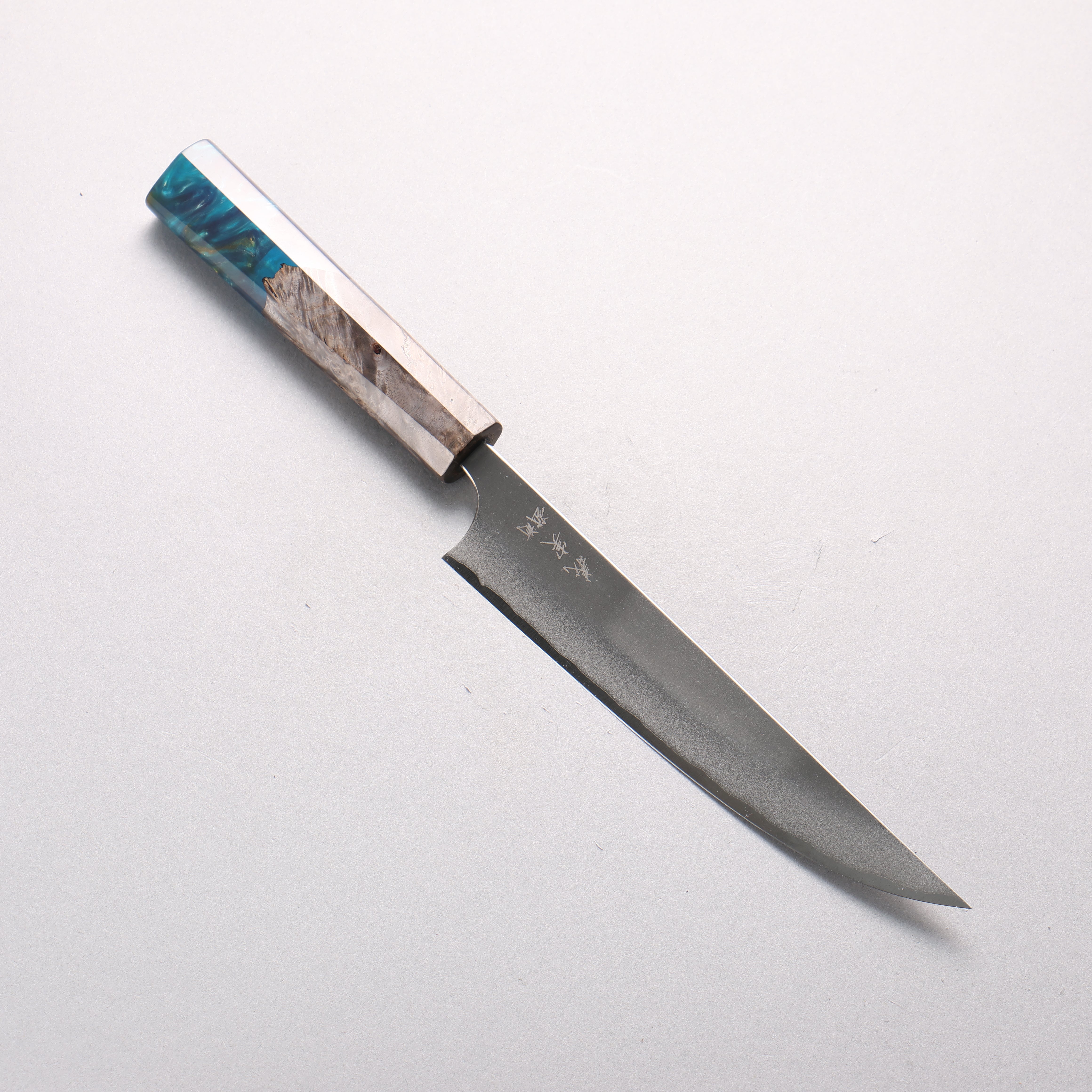 Yoshimi Kato Blue Super Nashiji Kengata Petty-Utility 170mm Stabilized Birch & Emerald Resin Handle - Seisuke Knife