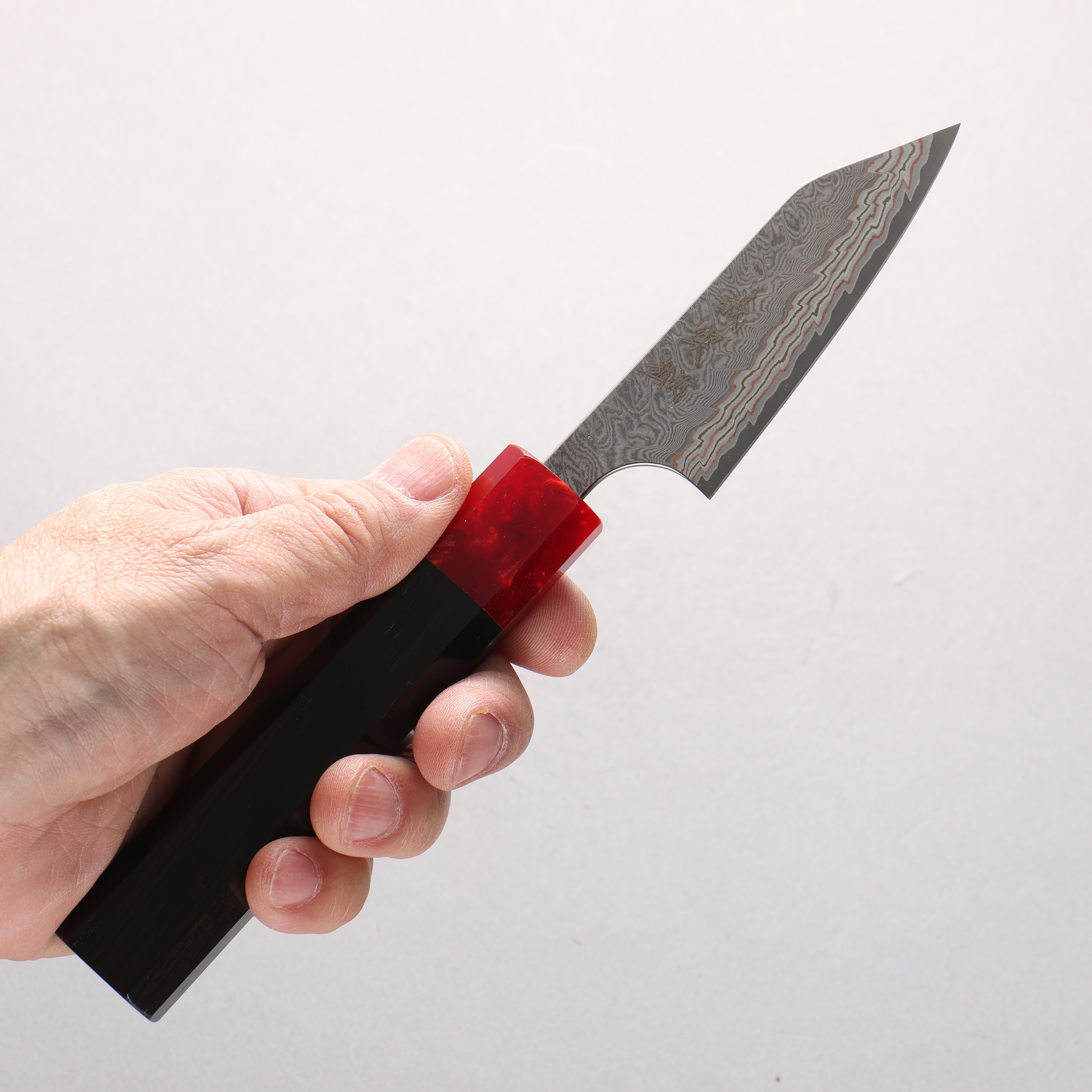 Yoshimi Kato VG10w Colored Damascus Kiritsuke Paring 80mm Ebony Wood & Red Resin Handle - Seisuke Knife