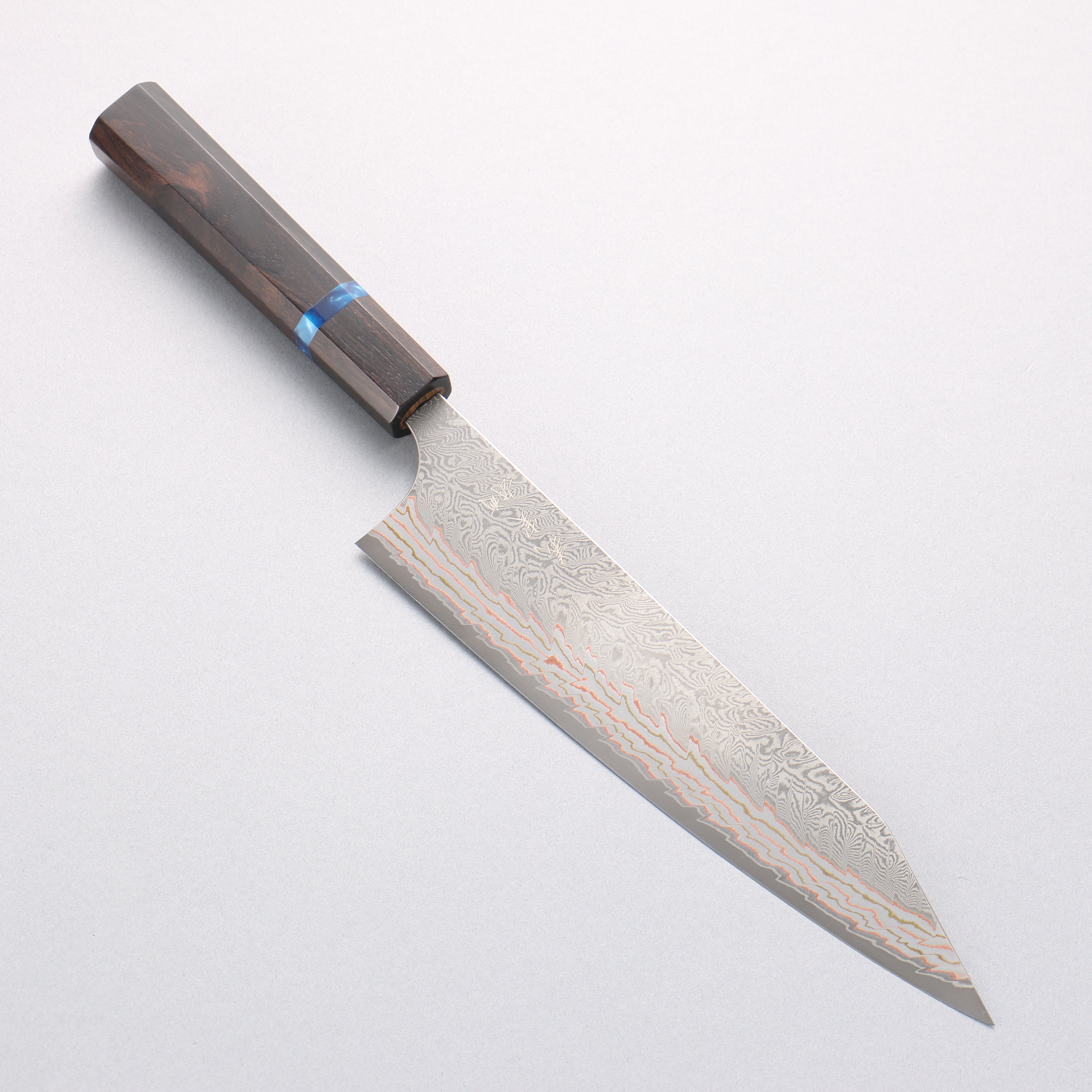 Yoshimi Kato VG10w Colored Damascus Kiritsuke Gyuto 210mm Ebony Wood & Blue Ring Handle - Seisuke Knife