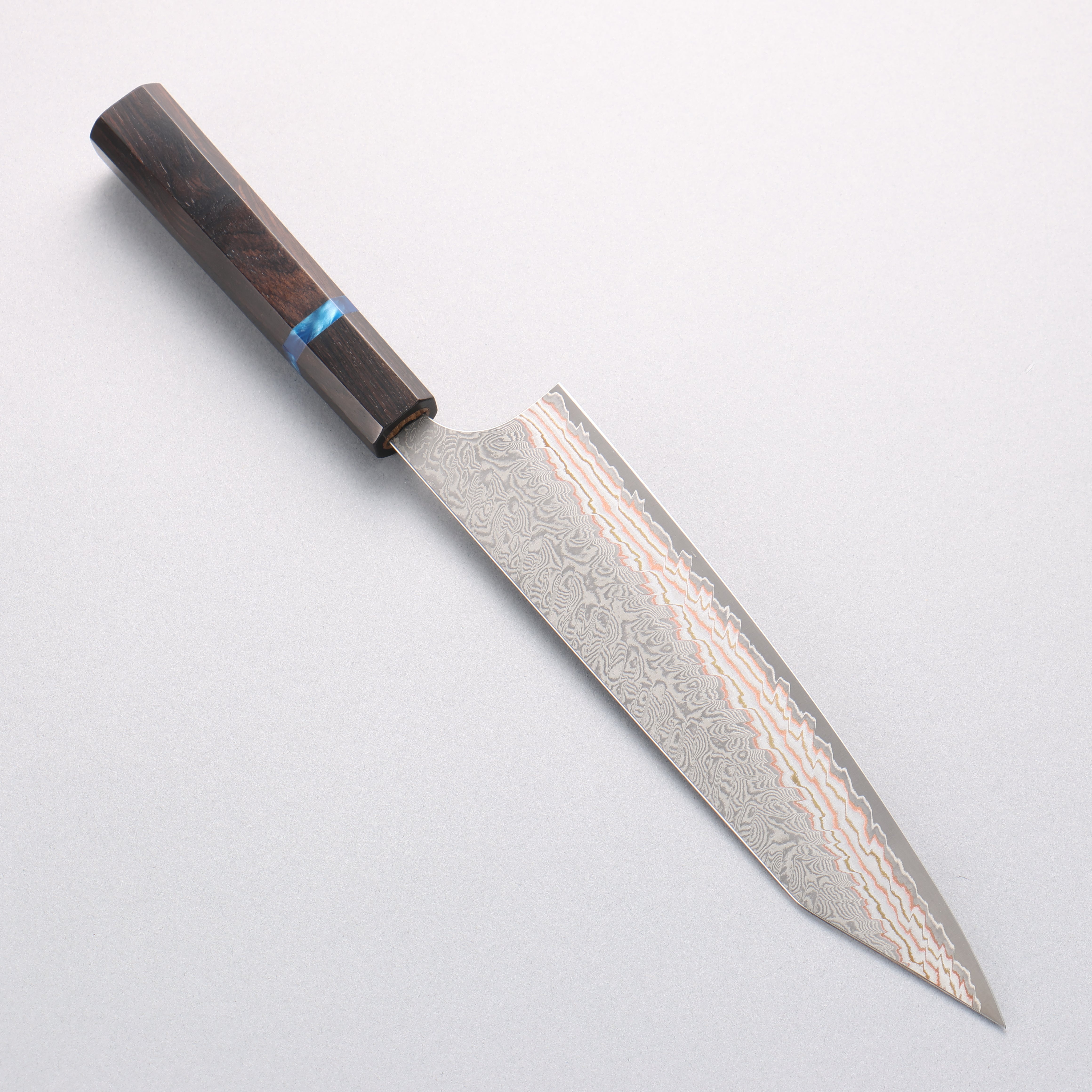 Yoshimi Kato VG10w Colored Damascus Kiritsuke Gyuto 210mm Ebony Wood & Blue Ring Handle - Seisuke Knife