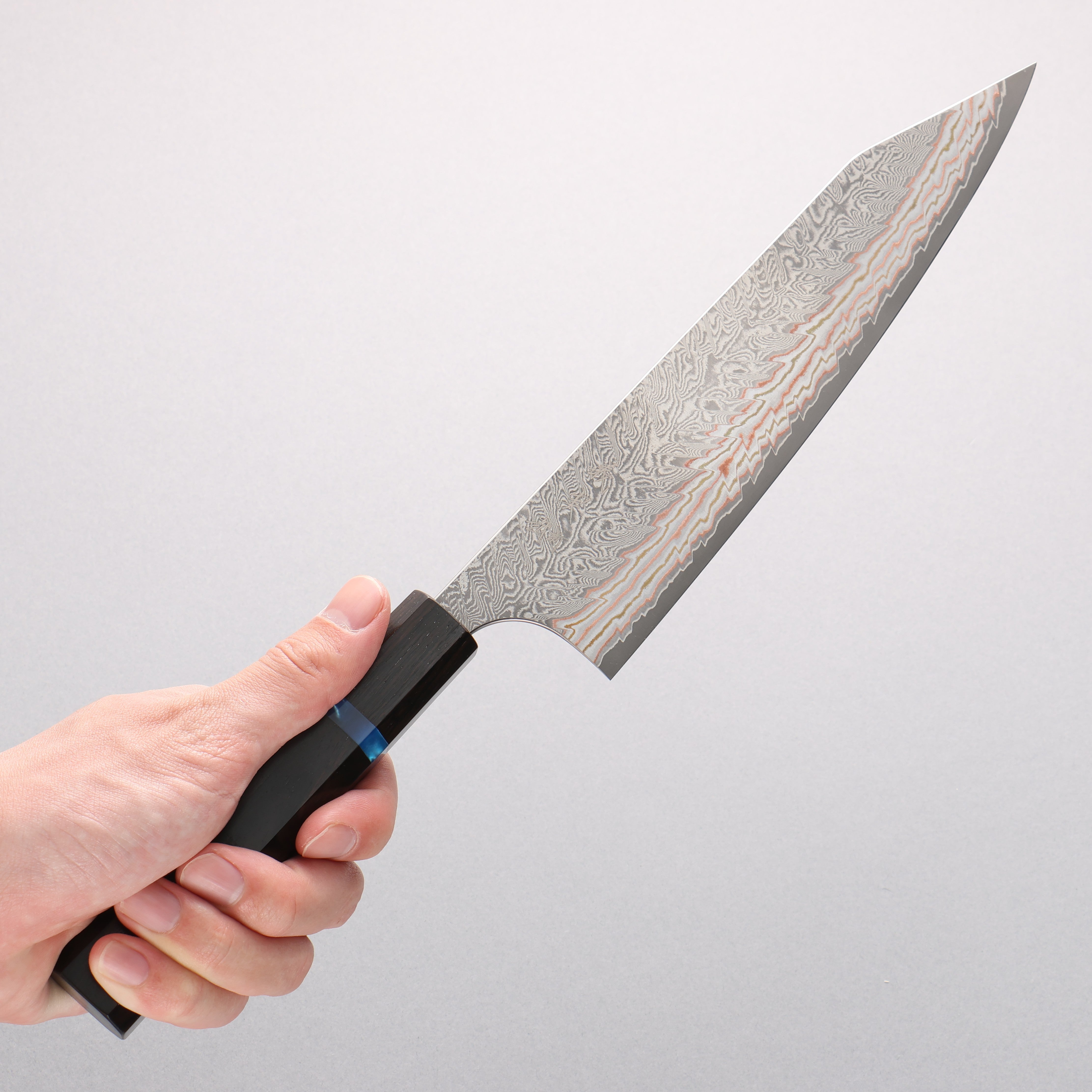 Yoshimi Kato VG10w Colored Damascus Kiritsuke Gyuto 210mm Ebony Wood & Blue Ring Handle - Seisuke Knife