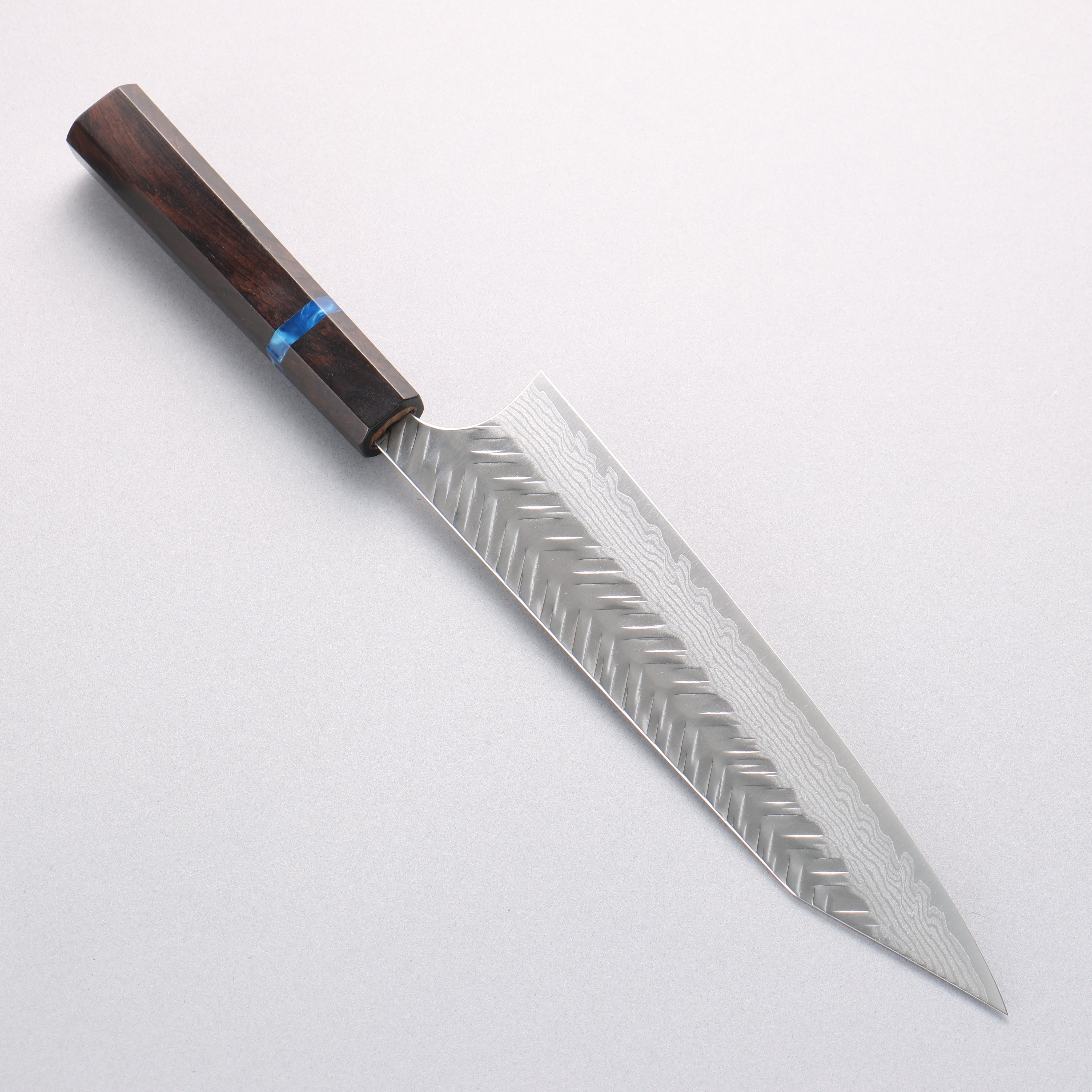 Yoshimi Kato VG-XEOS Damascus V-Hammered Kiritsuke Gyuto 210mm Ebony Wood & Blue Ring Handle - Seisuke Knife