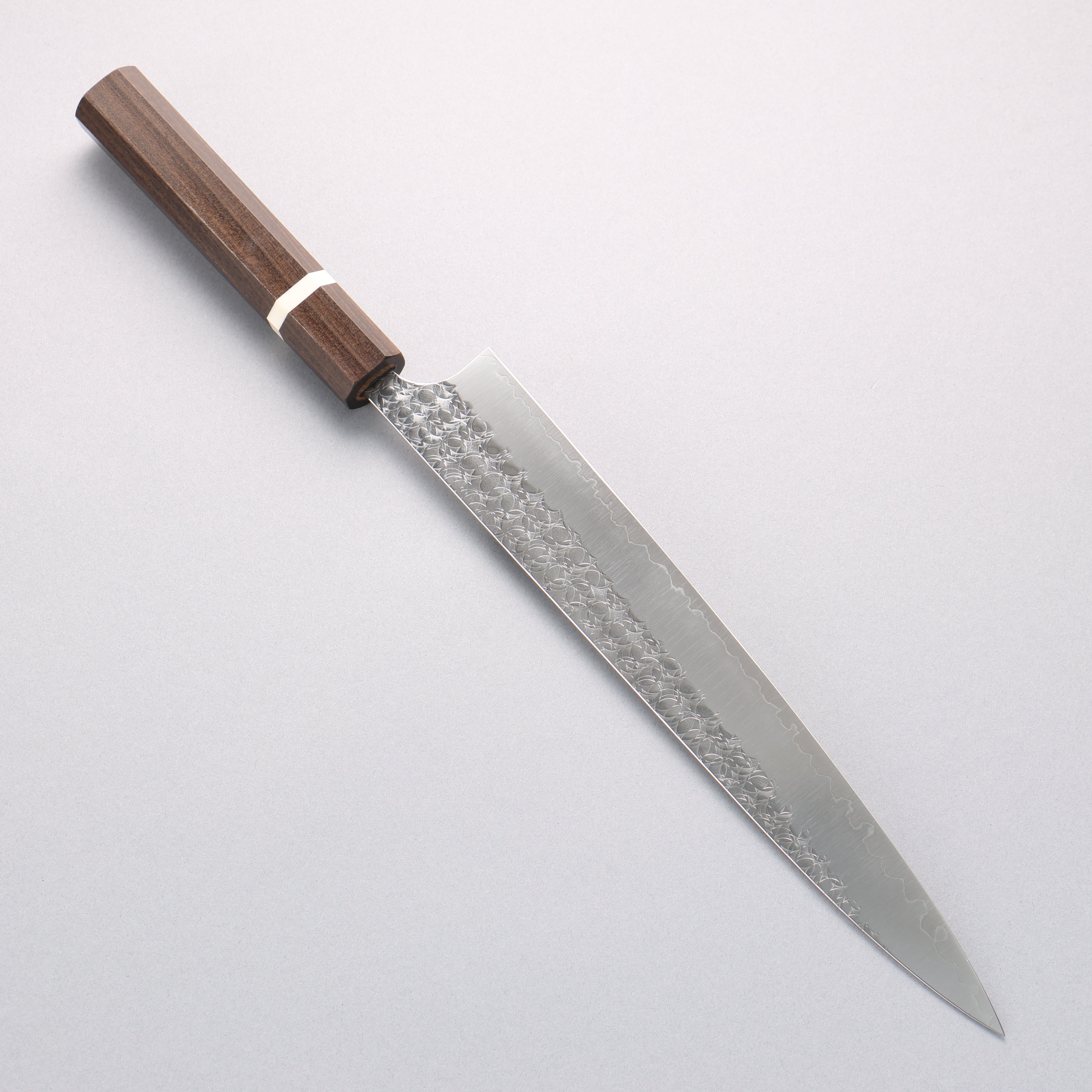 Yoshimi Kato Minamo SG2 Hammered Sujihiki 270mm Sandalwood with White Ring Handle - Seisuke Knife
