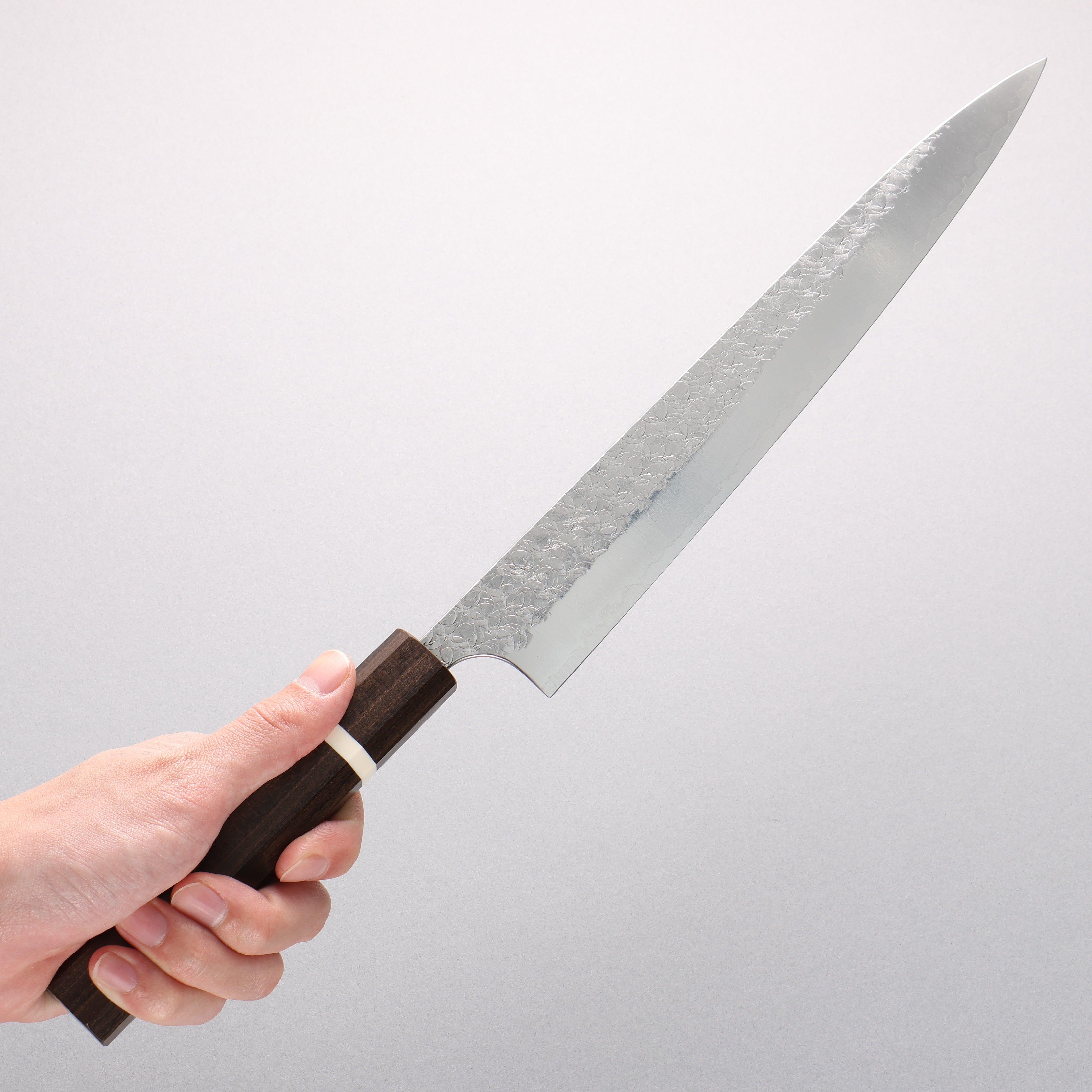 Yoshimi Kato Minamo SG2 Hammered Sujihiki 270mm Sandalwood with White Ring Handle - Seisuke Knife