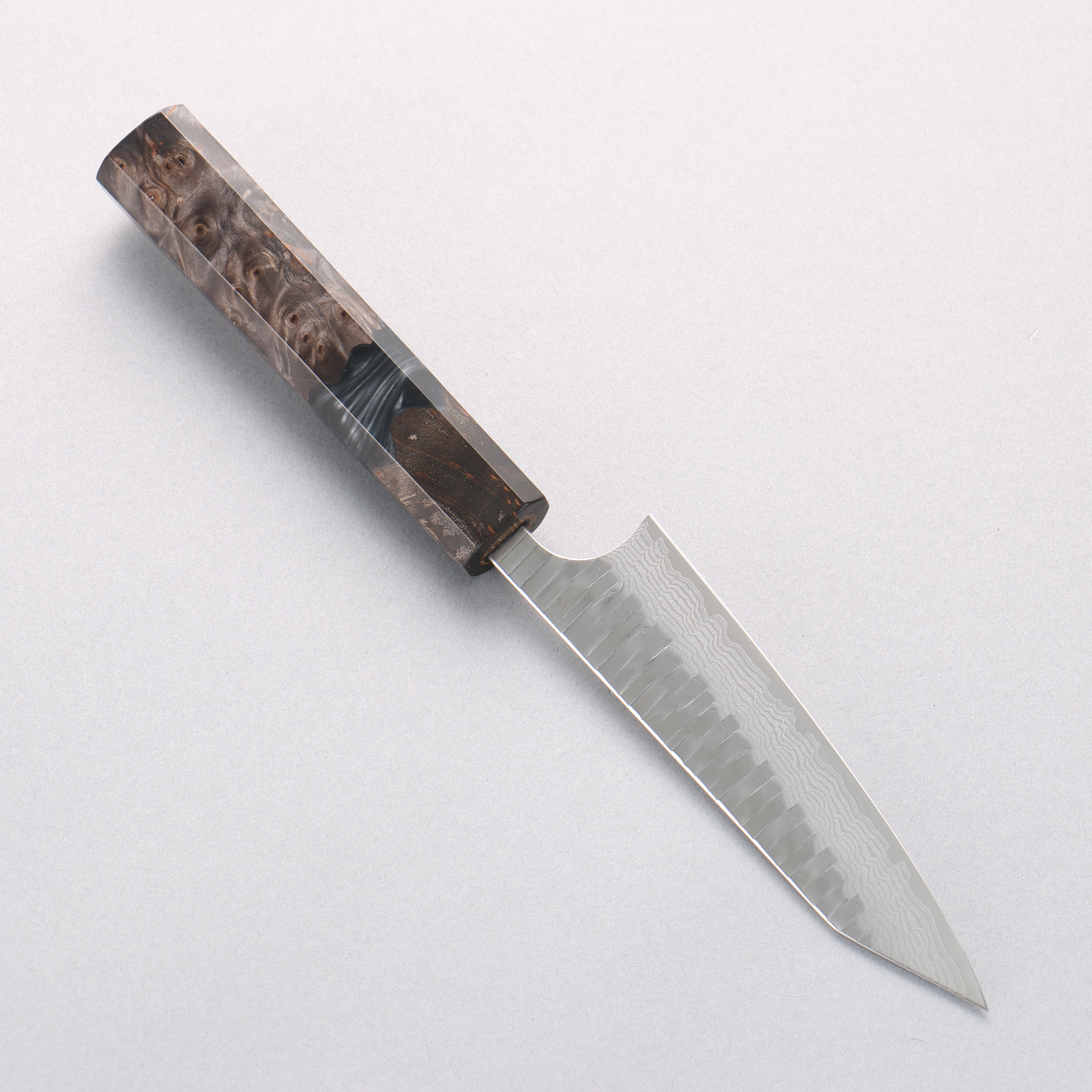 Yoshimi Kato Kasuri VG-XEOS Hammered Damascus Kiritsuke Petty-Utility 120mm Stabilized Birch with Black Resin Handle - Seisuke Knife