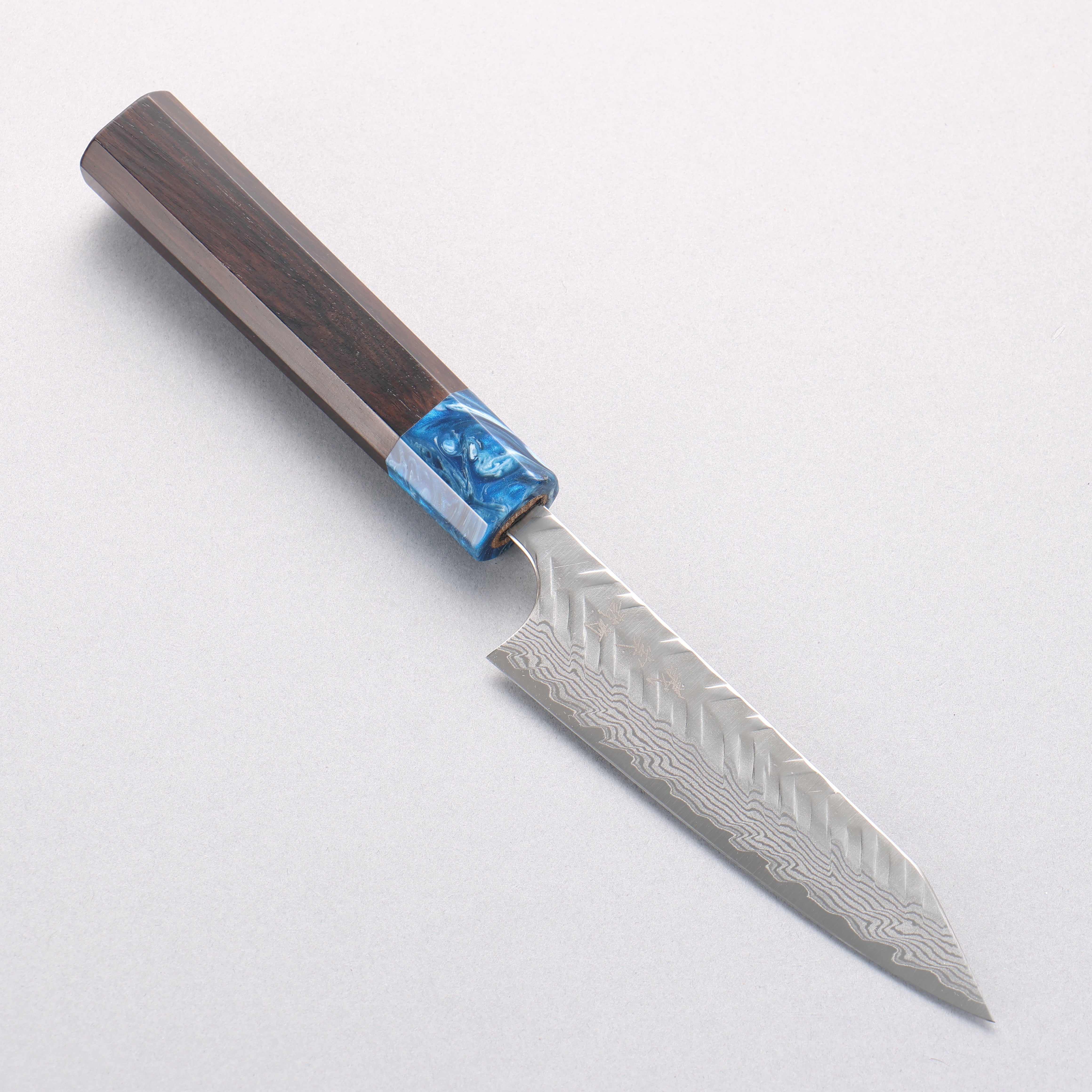 Yoshimi Kato VG-XEOS Damascus Hammered (V) Kiritsuke Petty-Utility 120mm Ebony (ferrule: Blue Marble Resin) Handle - Seisuke Knife