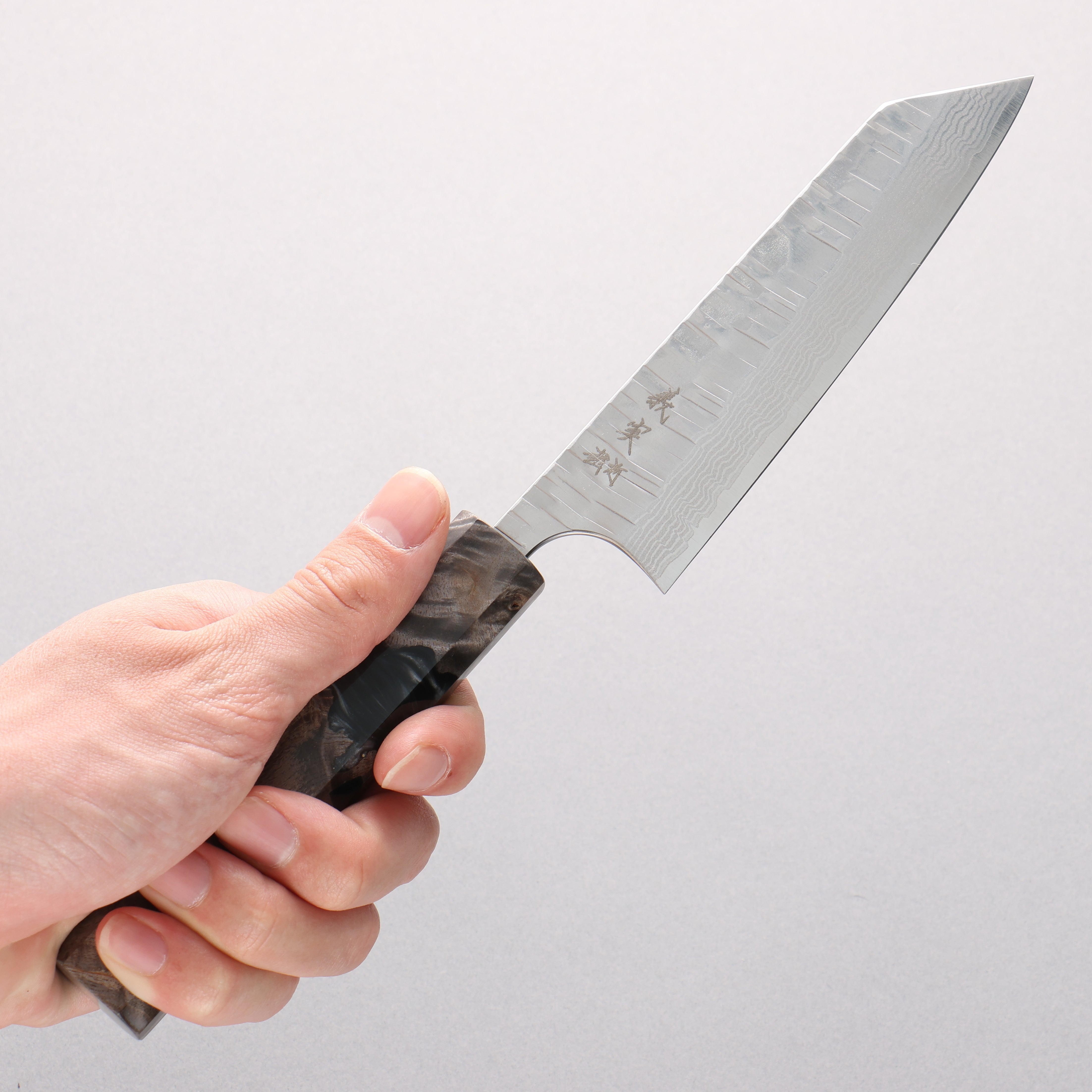 Yoshimi Kato Kasuri VG-XEOS Hammered Damascus Small Bunka 130mm Stabilized Birch with Black Resin Handle - Seisuke Knife