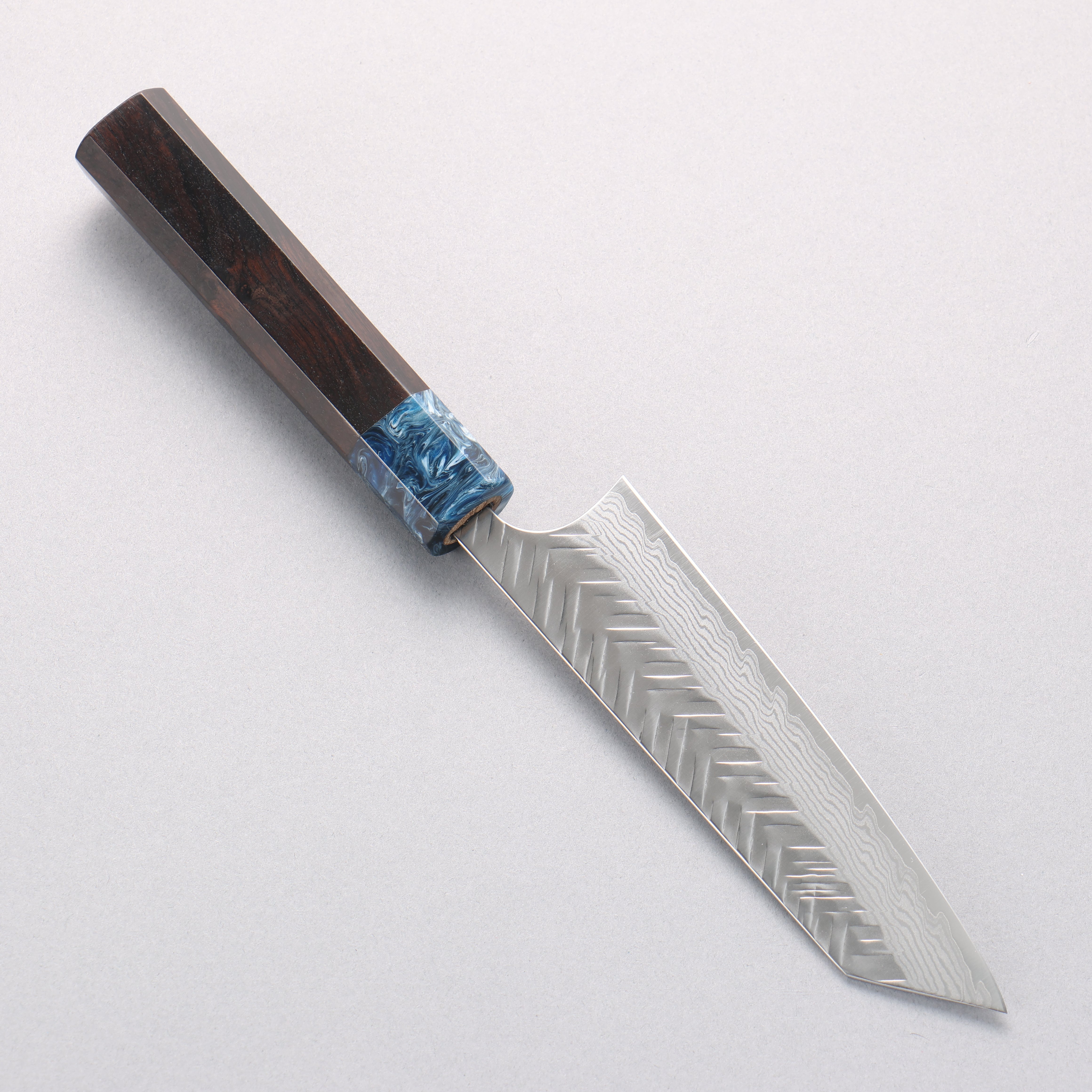 Yoshimi Kato VG-XEOS Damascus Hammered (V) Small Bunka 130mm Ebony (ferrule: Blue Marble Resin) Handle - Seisuke Knife