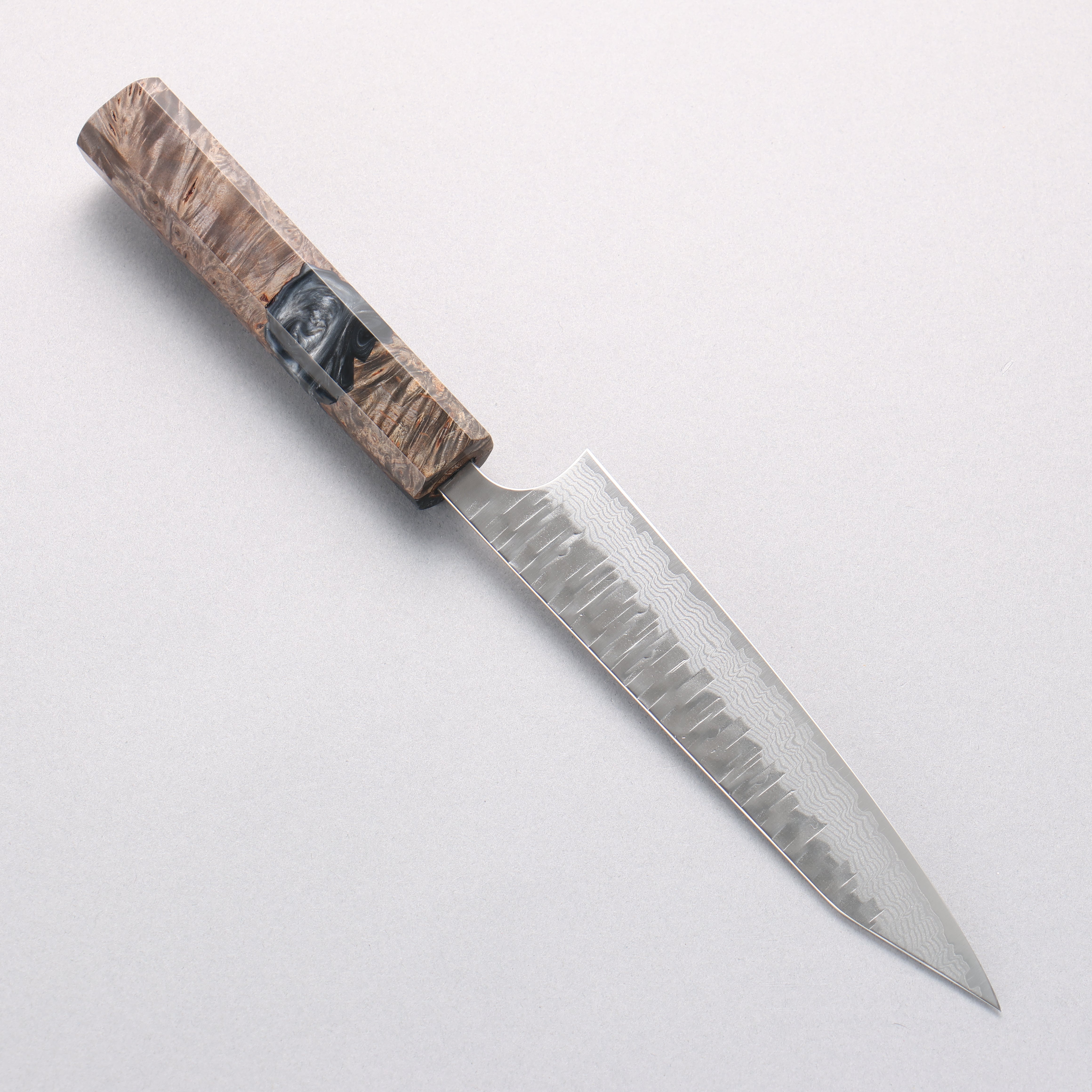 Yoshimi Kato Kasuri VG-XEOS Hammered Damascus Kiritsuke Petty-Utility 150mm Stabilized Birch with Black Resin Handle - Seisuke Knife