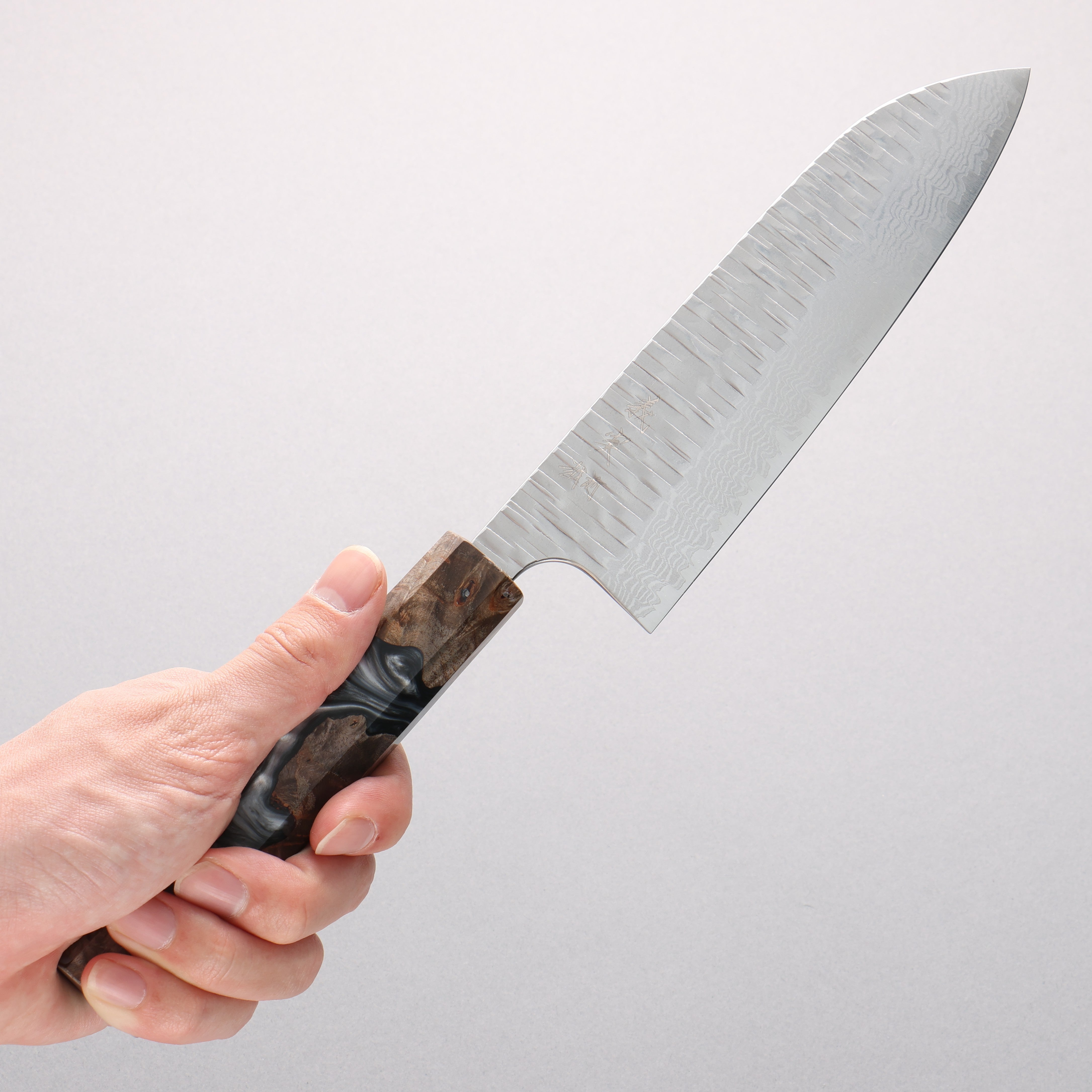 Yoshimi Kato Kasuri VG-XEOS Hammered Damascus Santoku 170mm Stabilized Birch with Black Resin Handle - Seisuke Knife