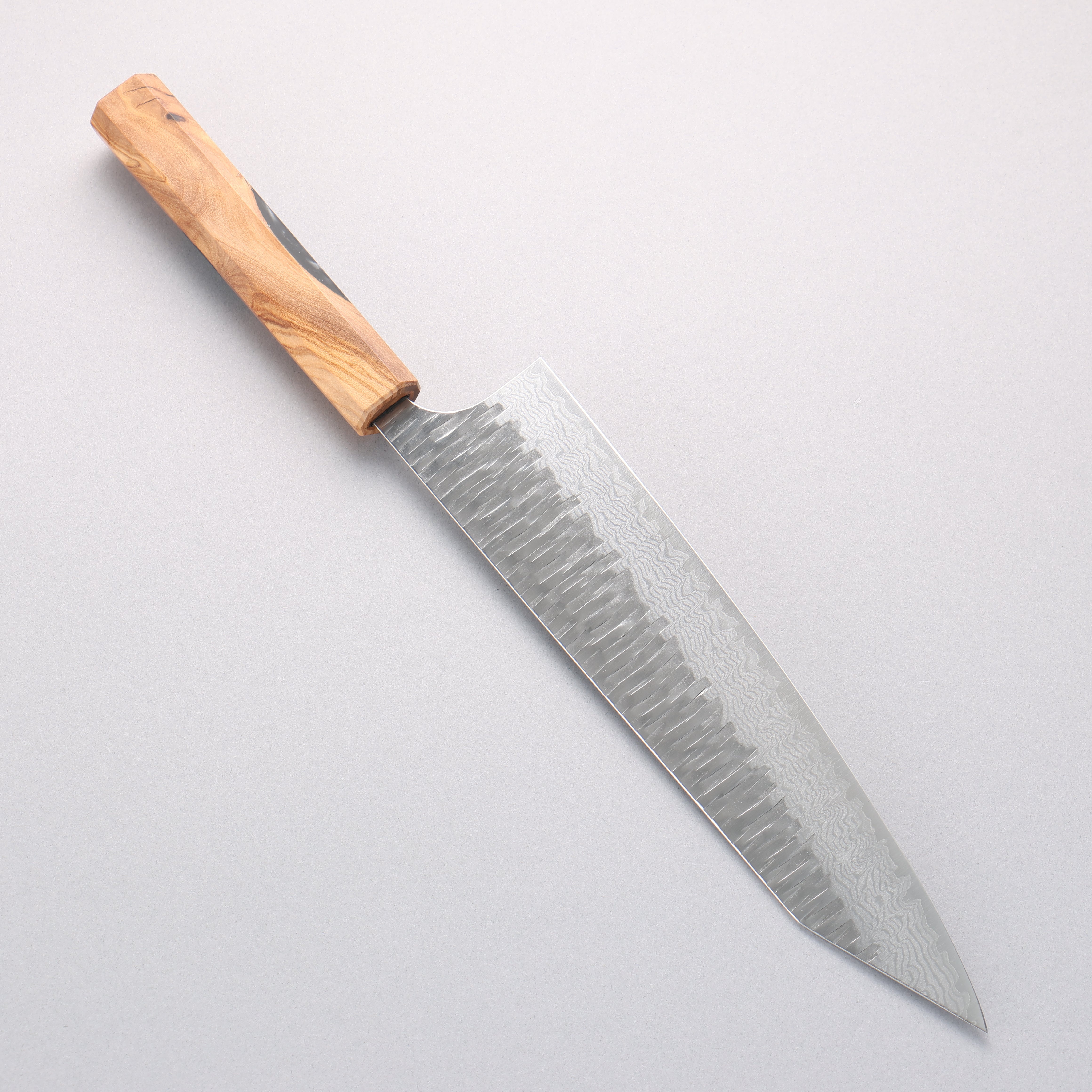 Yoshimi Kato Kasuri VG-XEOS Hammered Damascus Kiritsuke Gyuto 240mm Olive Wood & Black/White Marble Resin Handle - Seisuke Knife