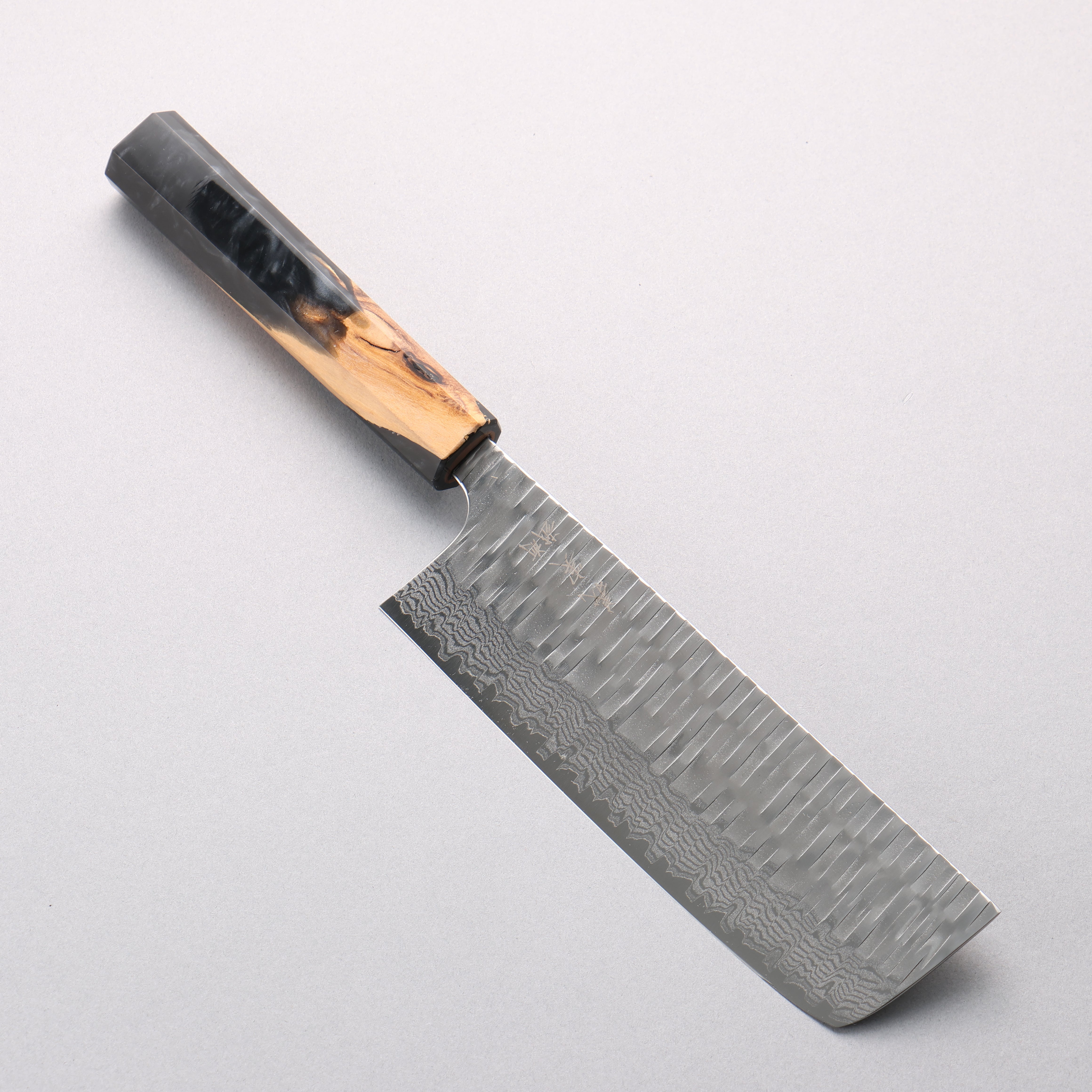Yoshimi Kato Kasuri VG-XEOS Hammered Damascus Nakiri 165mm Olive Wood & Black Marble Resin Handle - Seisuke Knife