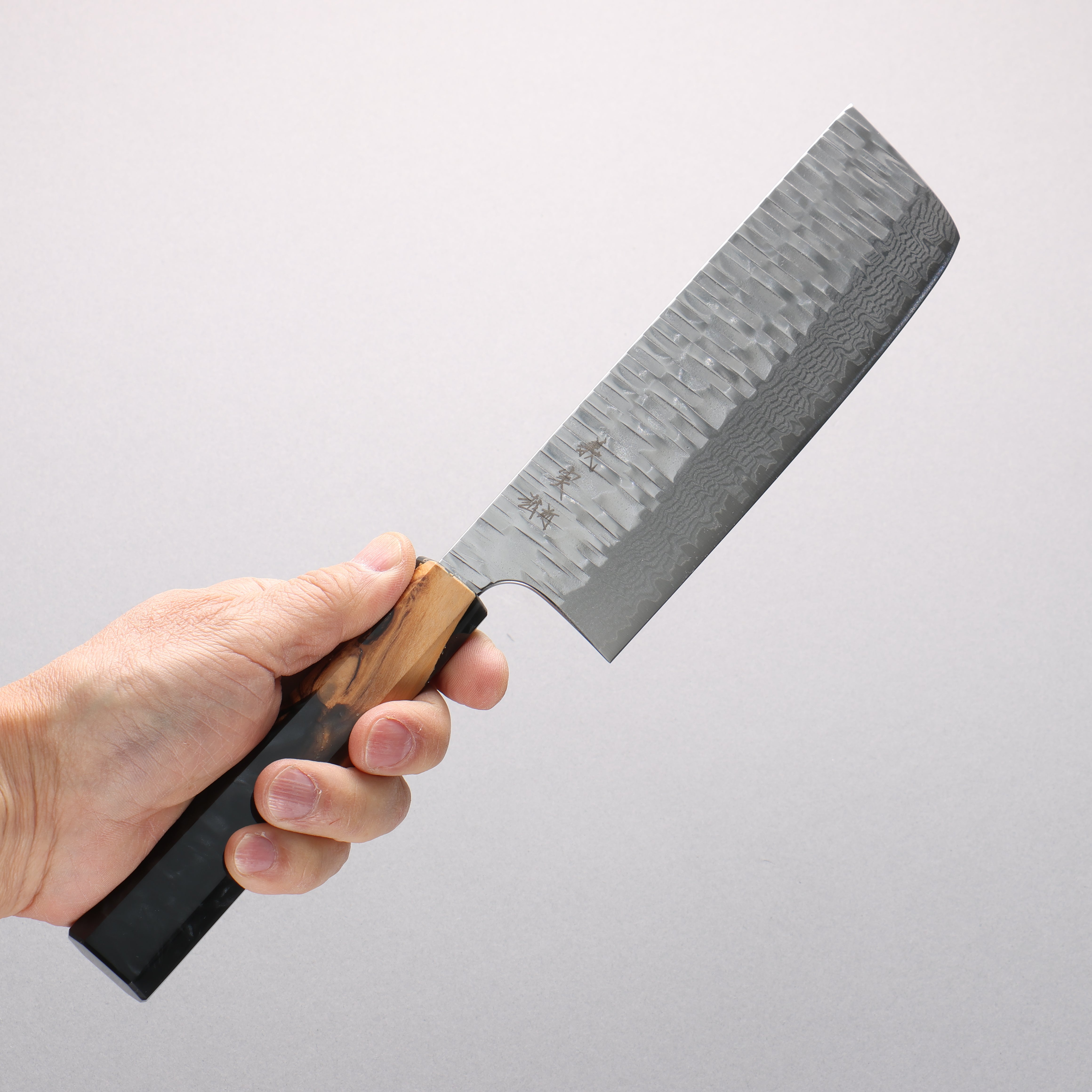 Yoshimi Kato Kasuri VG-XEOS Hammered Damascus Nakiri 165mm Olive Wood & Black Marble Resin Handle - Seisuke Knife