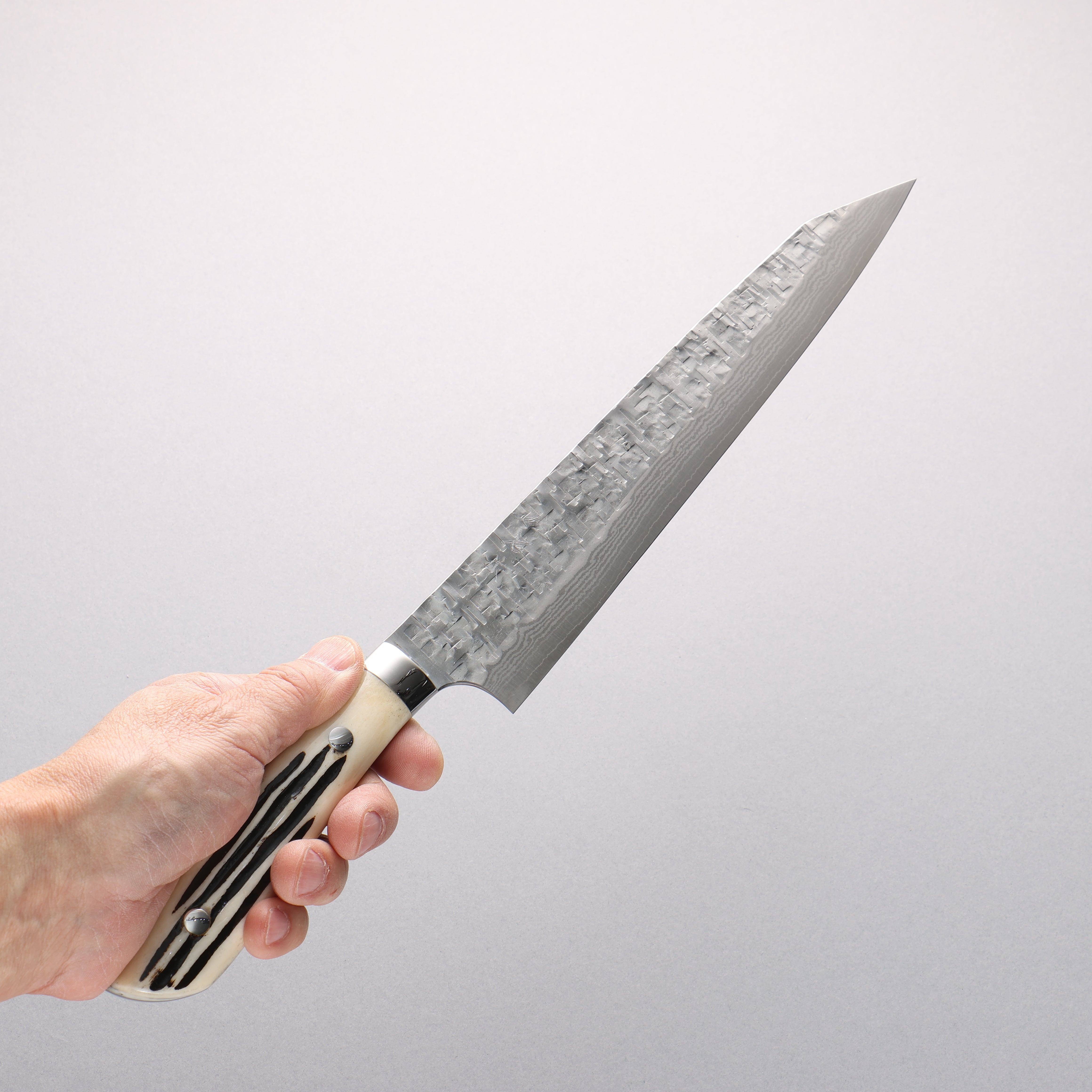 Takeshi Saji SRS13 Hammered Damascus Kiritsuke Sujihiki 240mm White Deer Horn Handle - Seisuke Knife