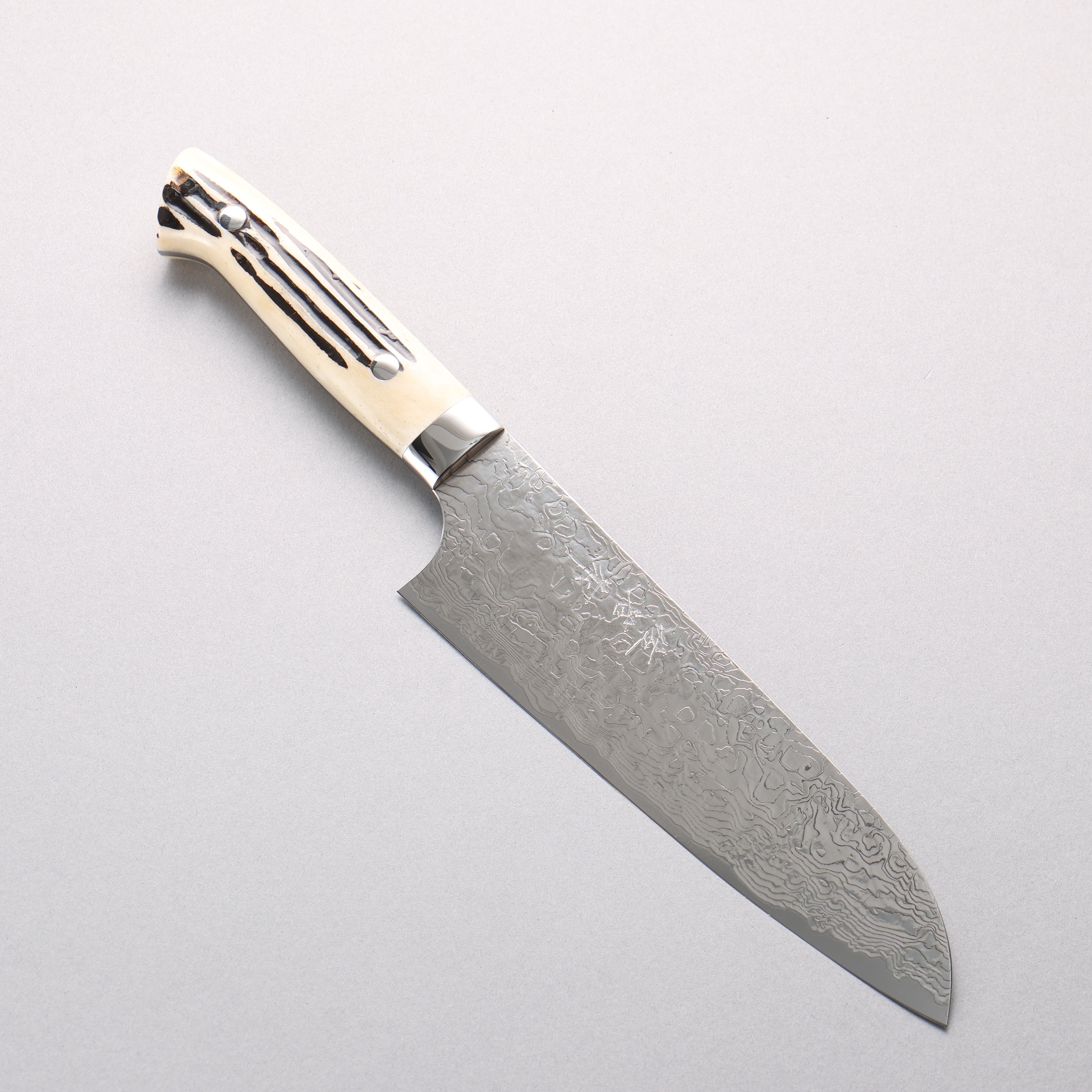 Takeshi Saji SG2 Diamond Finish Damascus Santoku 180mm White Deer Horn Handle - Seisuke Knife