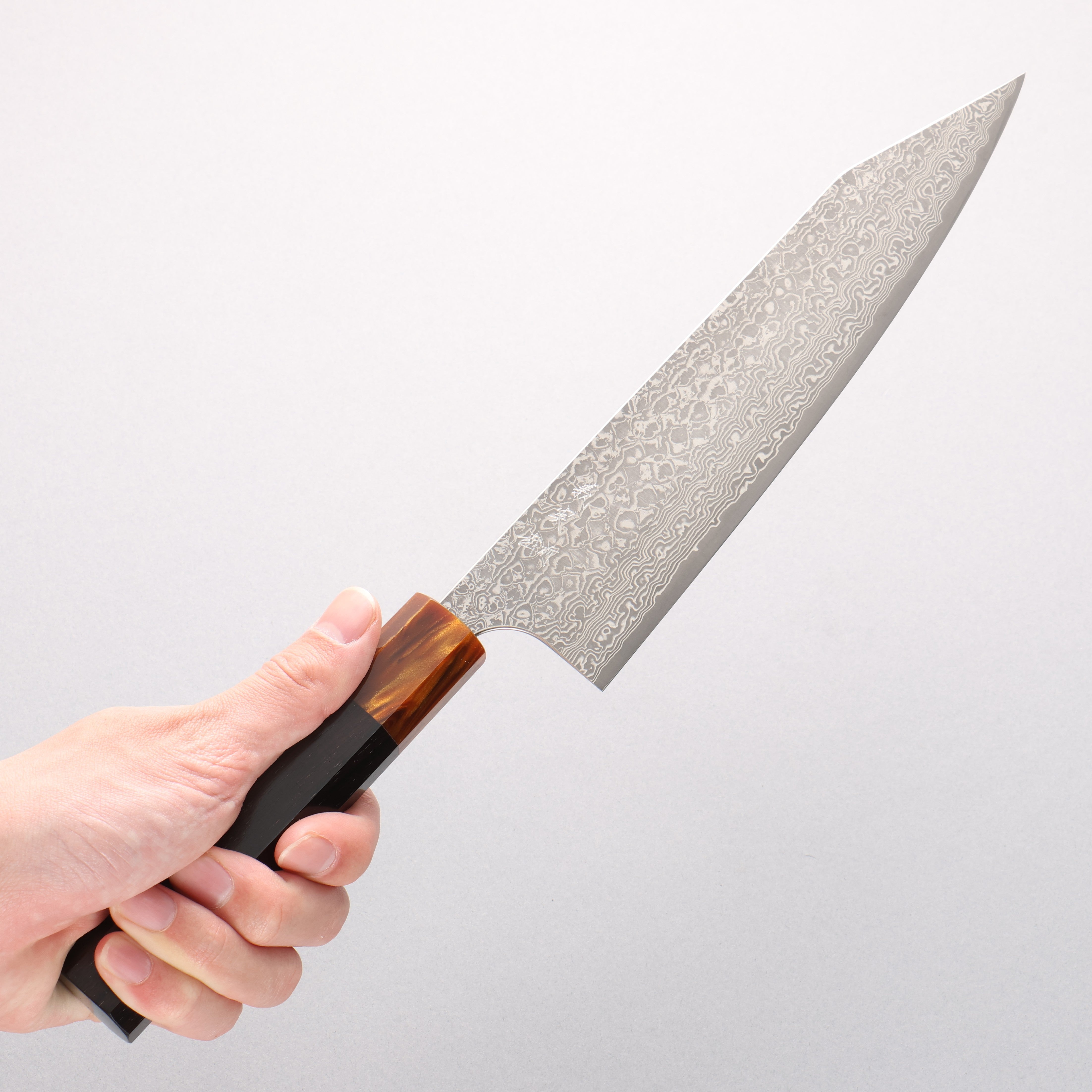 Yoshimi Kato VG10 Black Damascus Kiritsuke Gyuto 210mm Ebony (ferrule: Orange Resin) Handle - Seisuke Knife