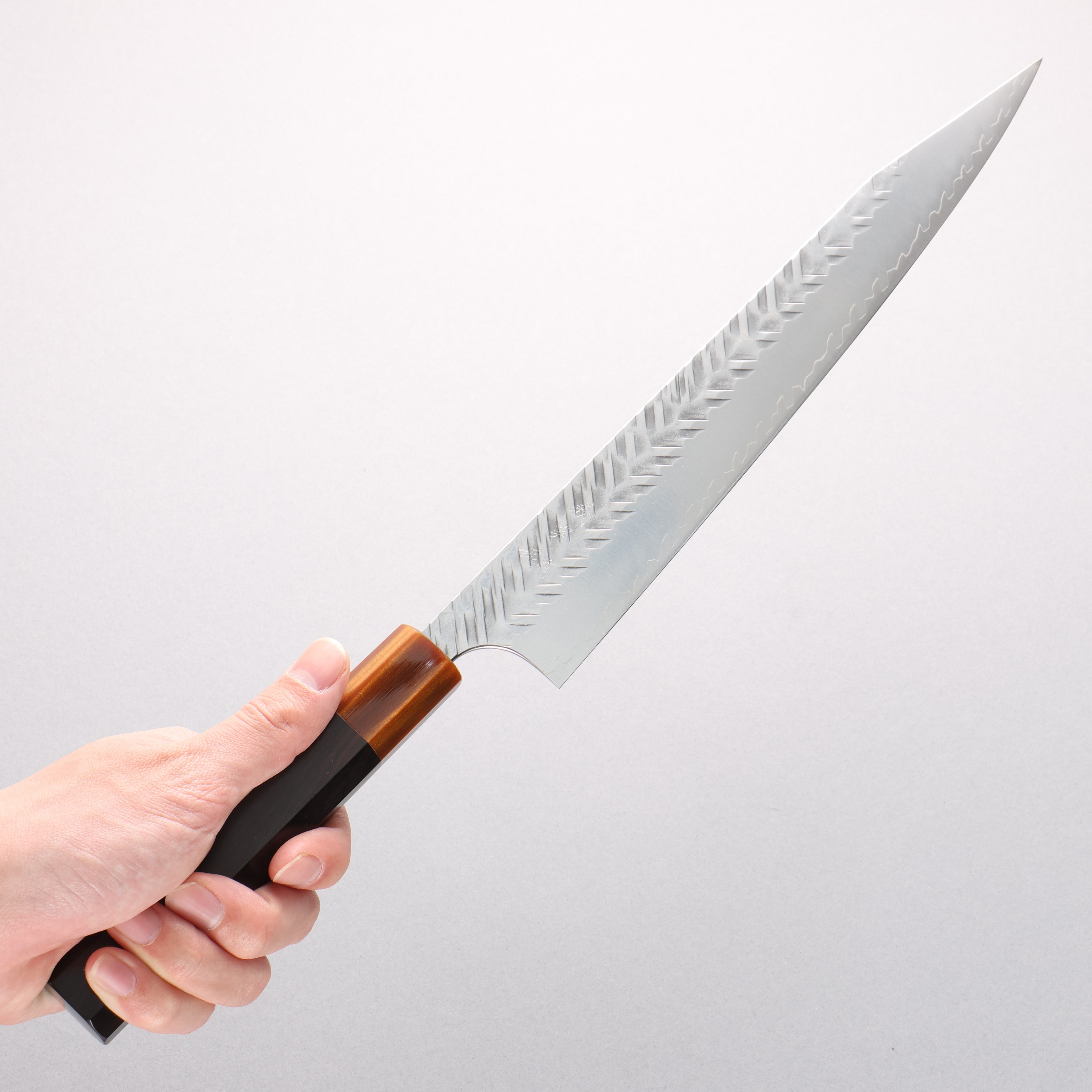 Yoshimi Kato SPG STRIX Hammered (V) Kiritsuke Sujihiki 270mm Ebony (ferrule: Orange Resin) Handle - Seisuke Knife