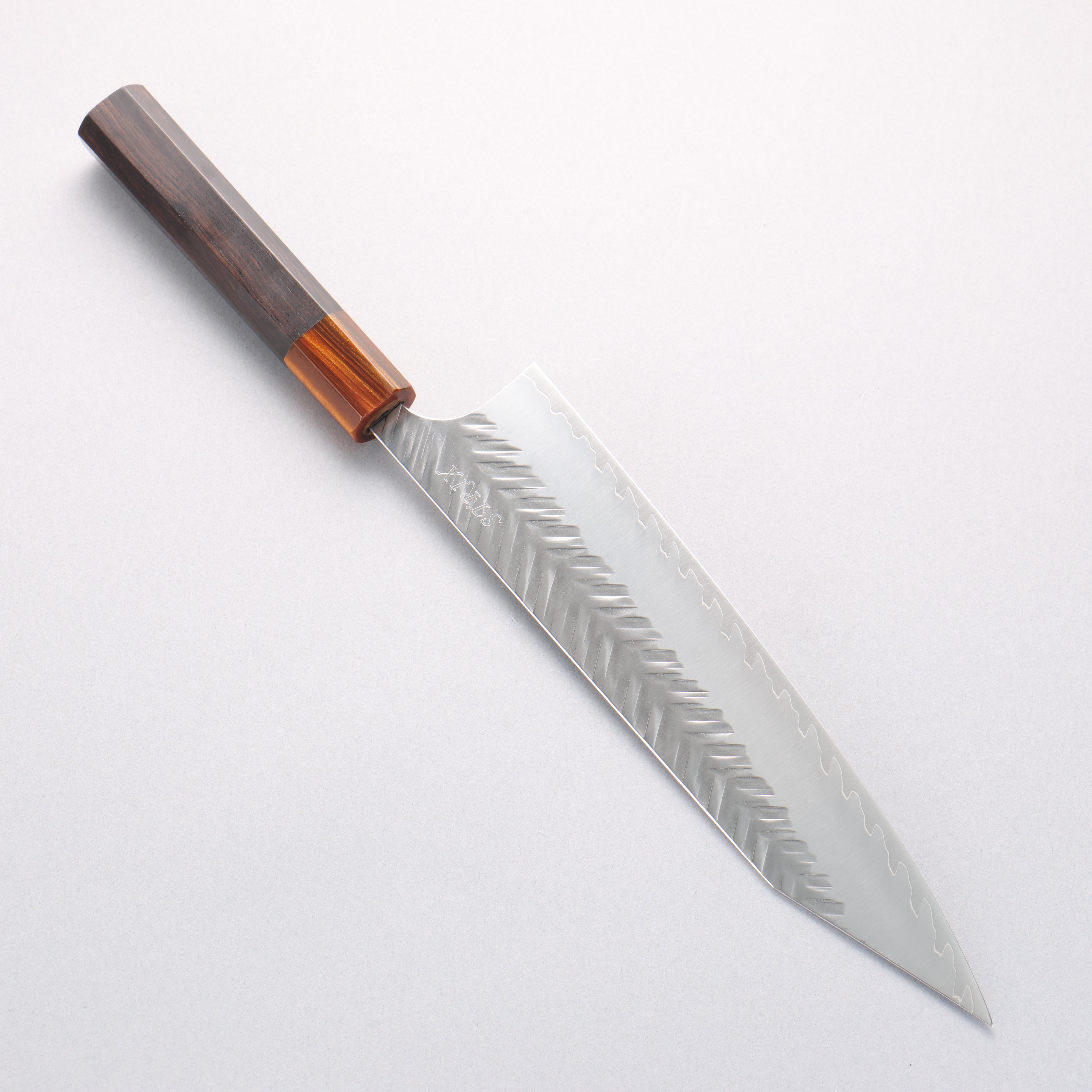 Yoshimi Kato SPG STRIX Hammered (V) Kiritsuke Gyuto 240mm Ebony (ferrule: Orange Resin) Handle - Seisuke Knife